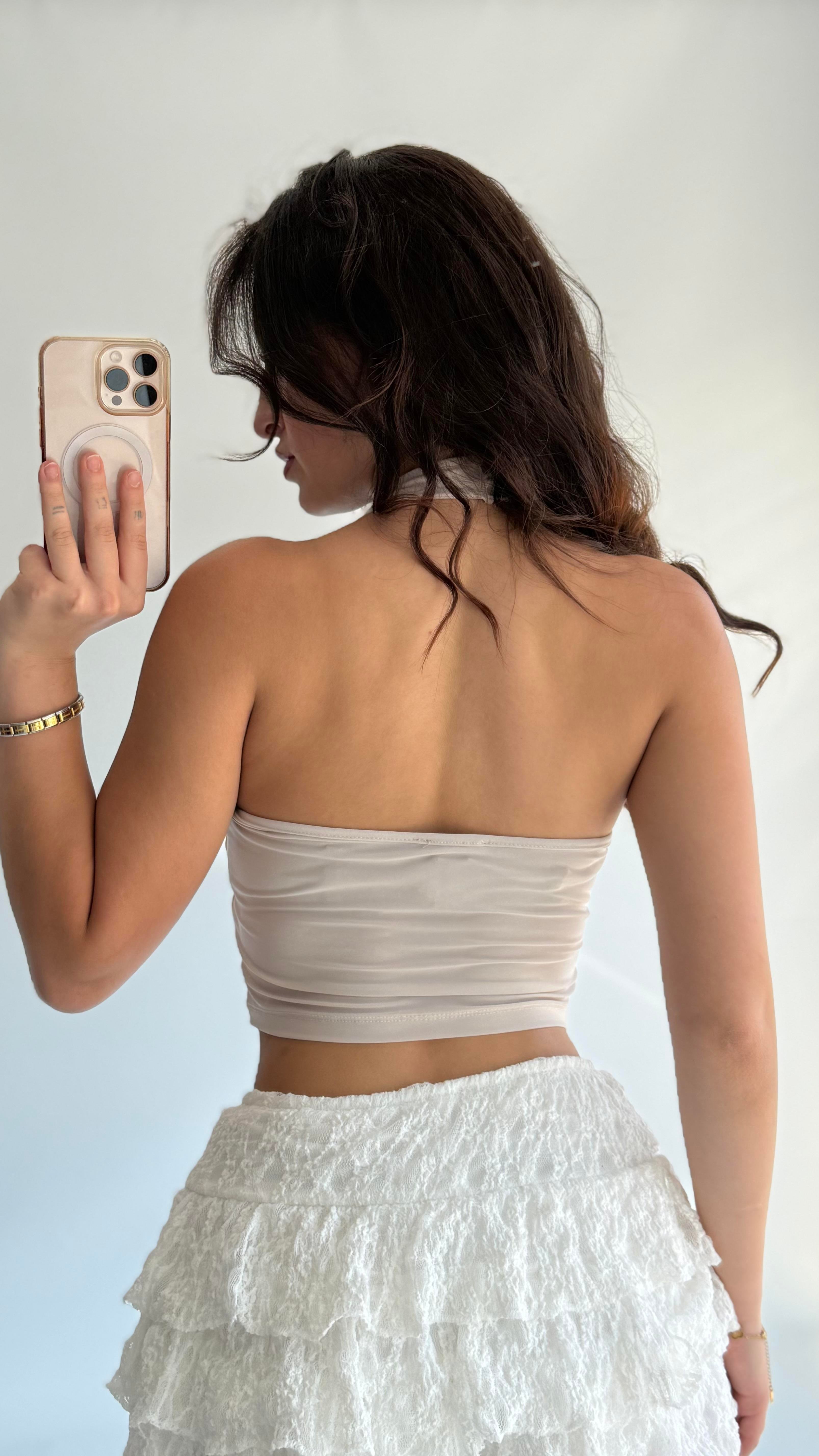 Boyun Geçirmeli Crop Sandy Bej