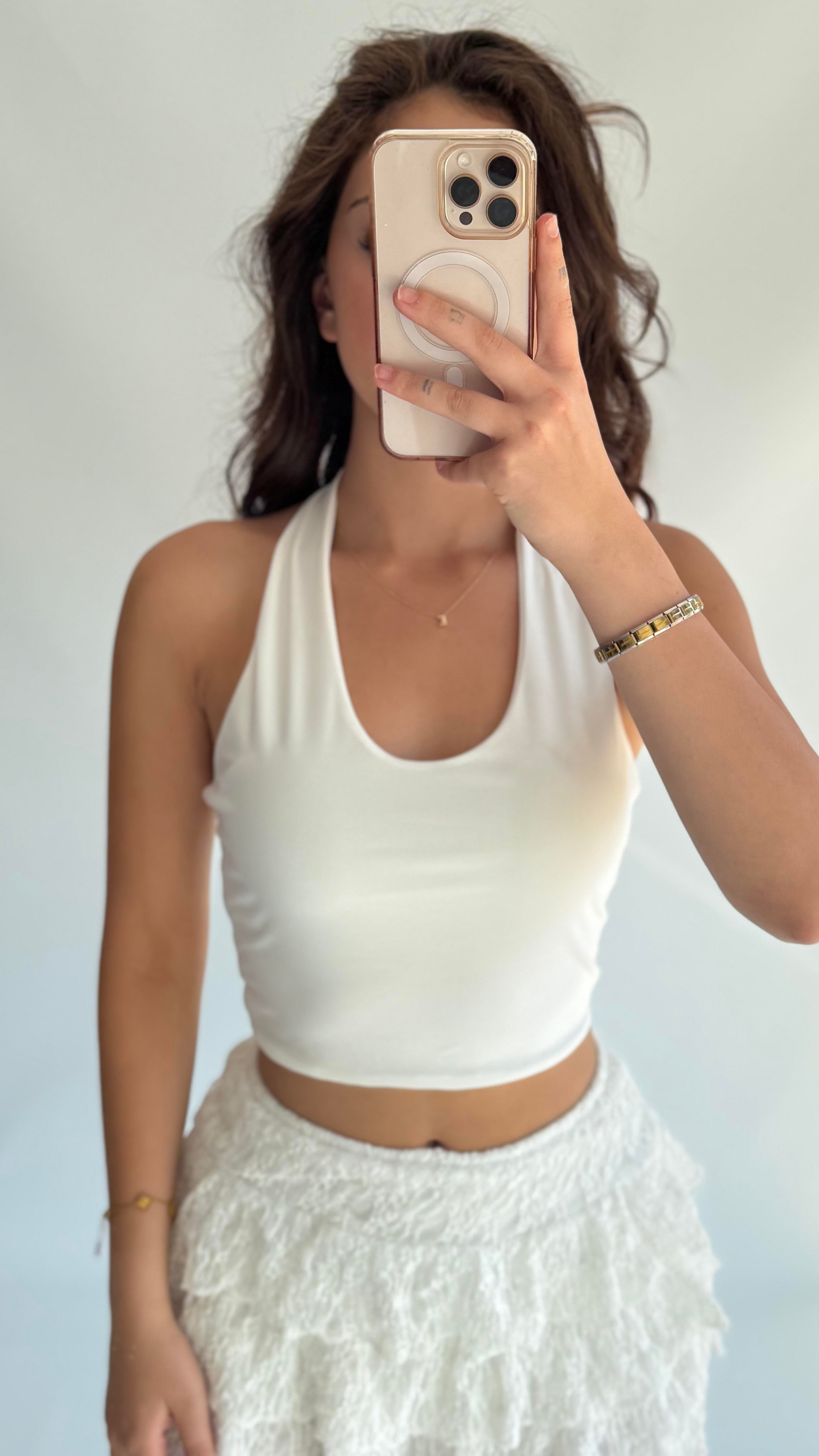 Boyun Geçirmeli Crop Sandy Beyaz