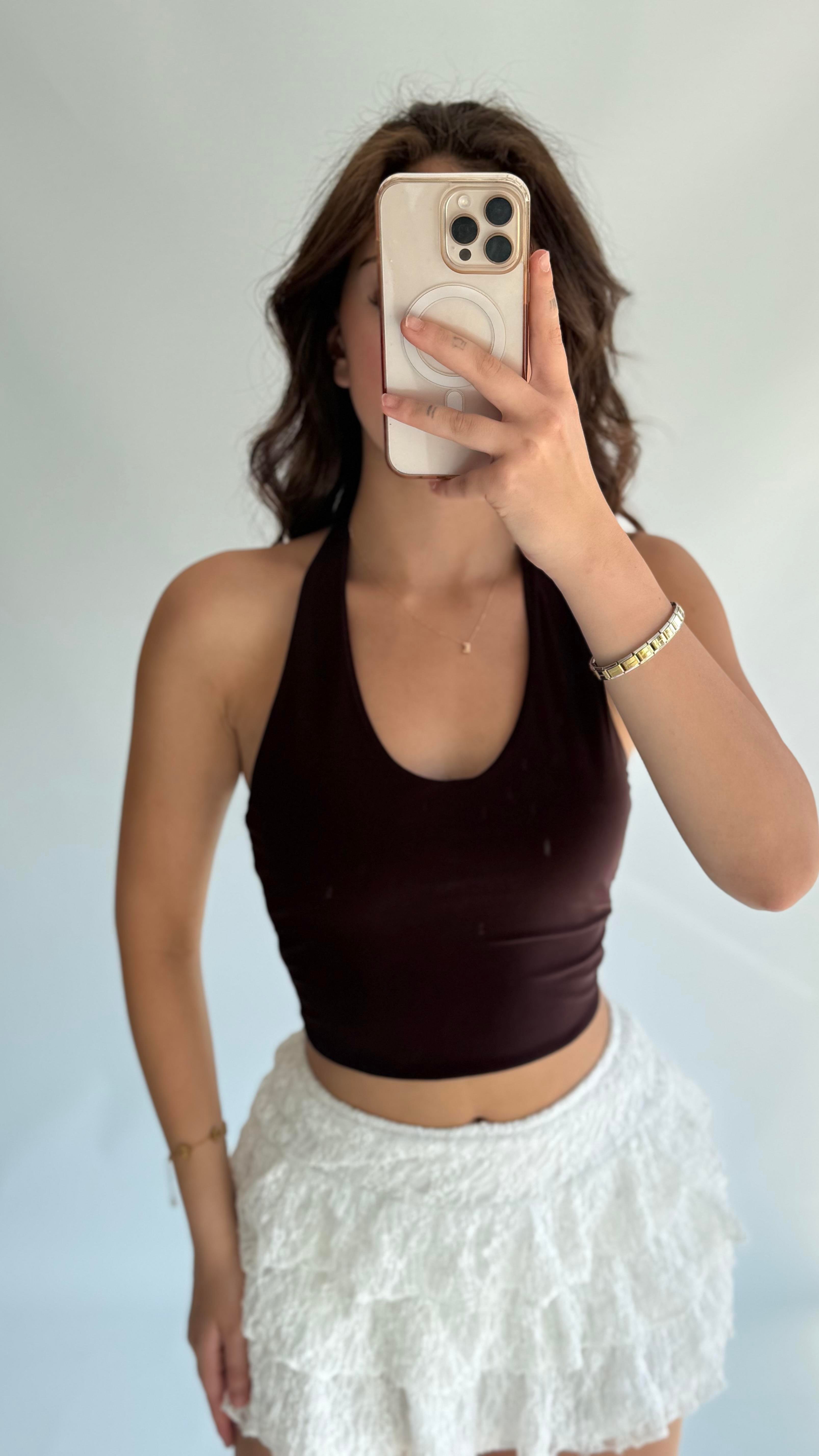 Boyun Geçirmeli Crop Sandy Kahverengi