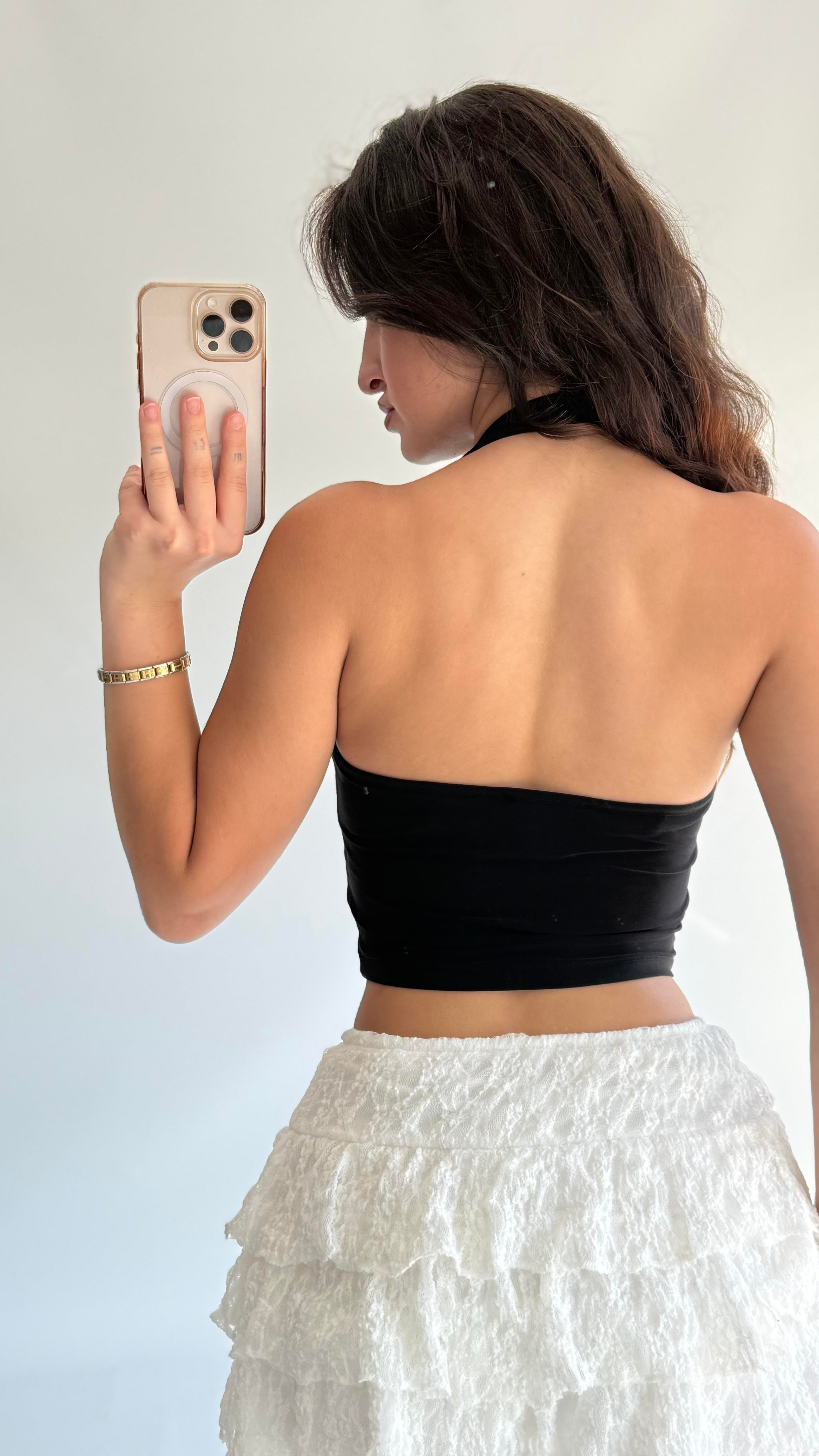 Boyun Geçirmeli Crop Sandy Siyah