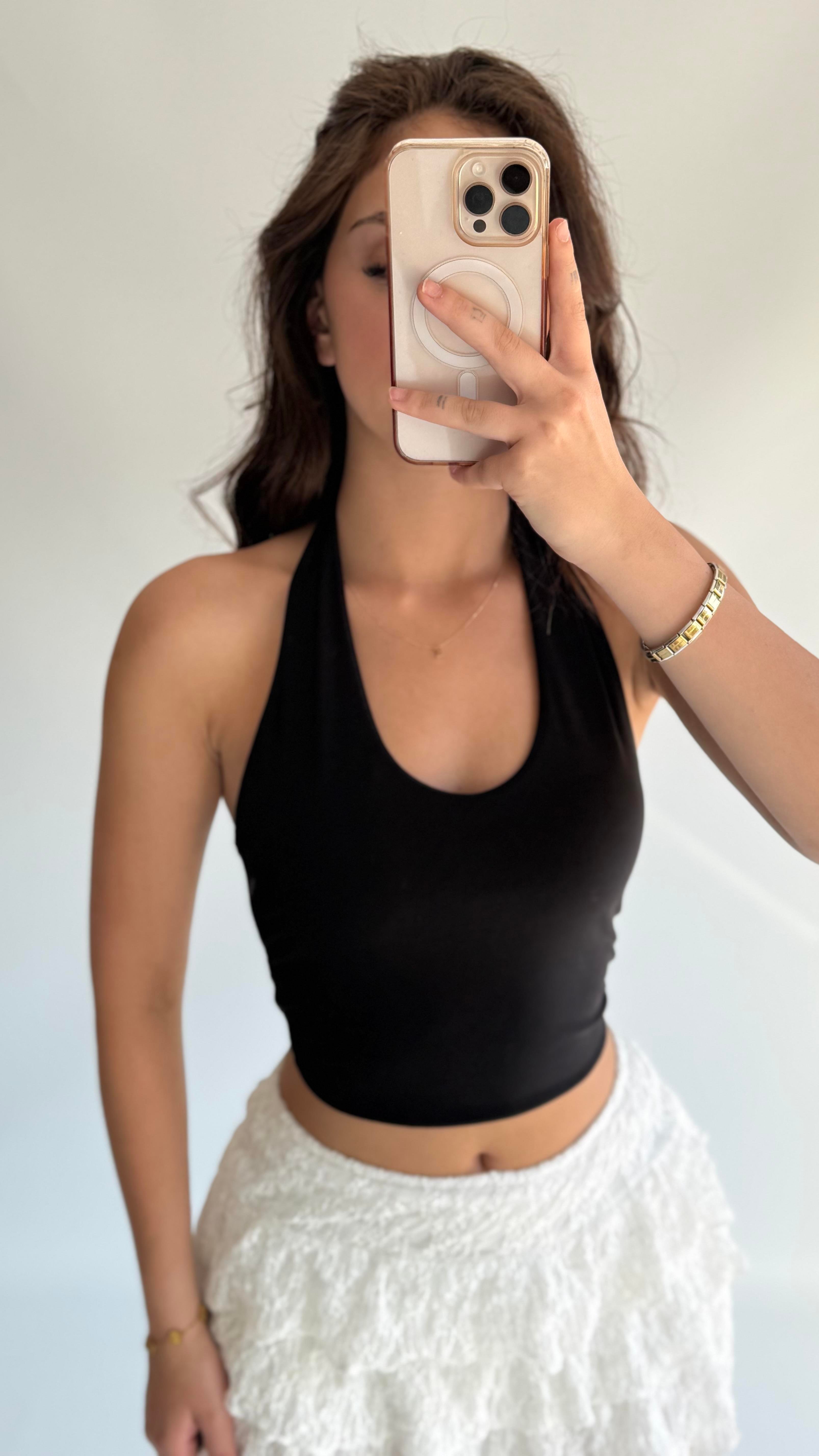 Boyun Geçirmeli Crop Sandy Siyah