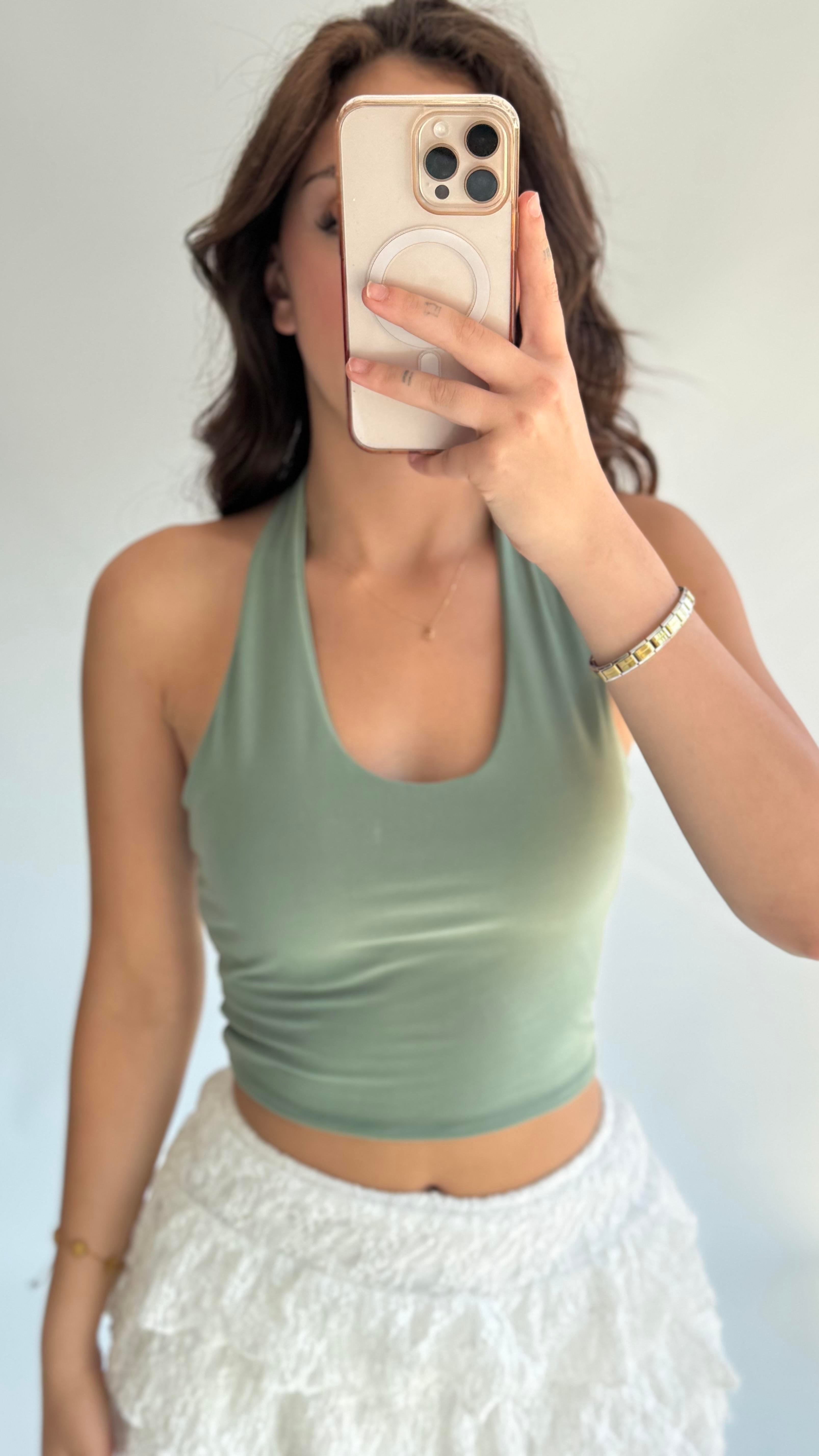 Boyun Geçirmeli Crop Sandy Yeşil