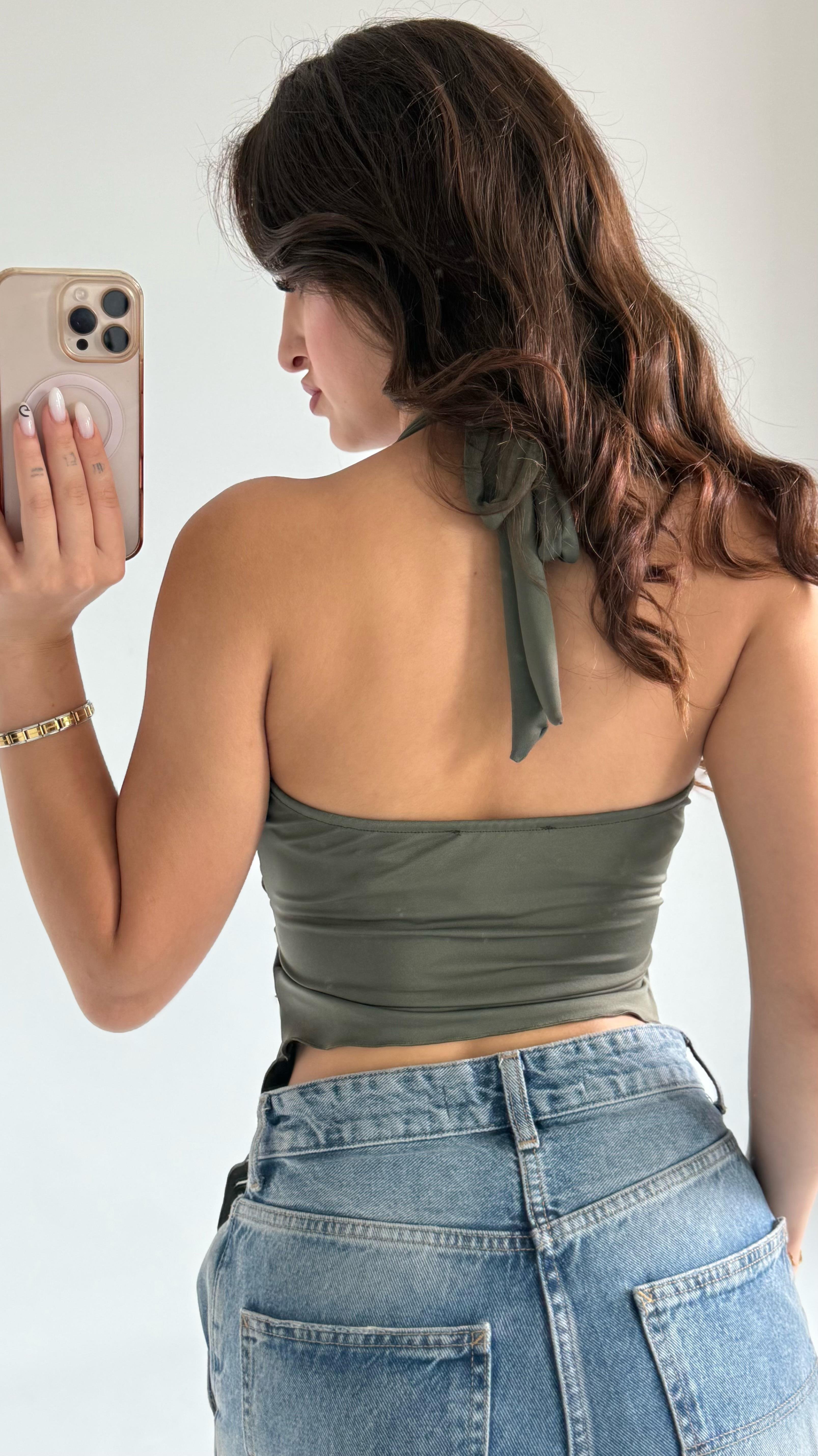 Boyundan Bağlamalı Yıldız Crop Haki