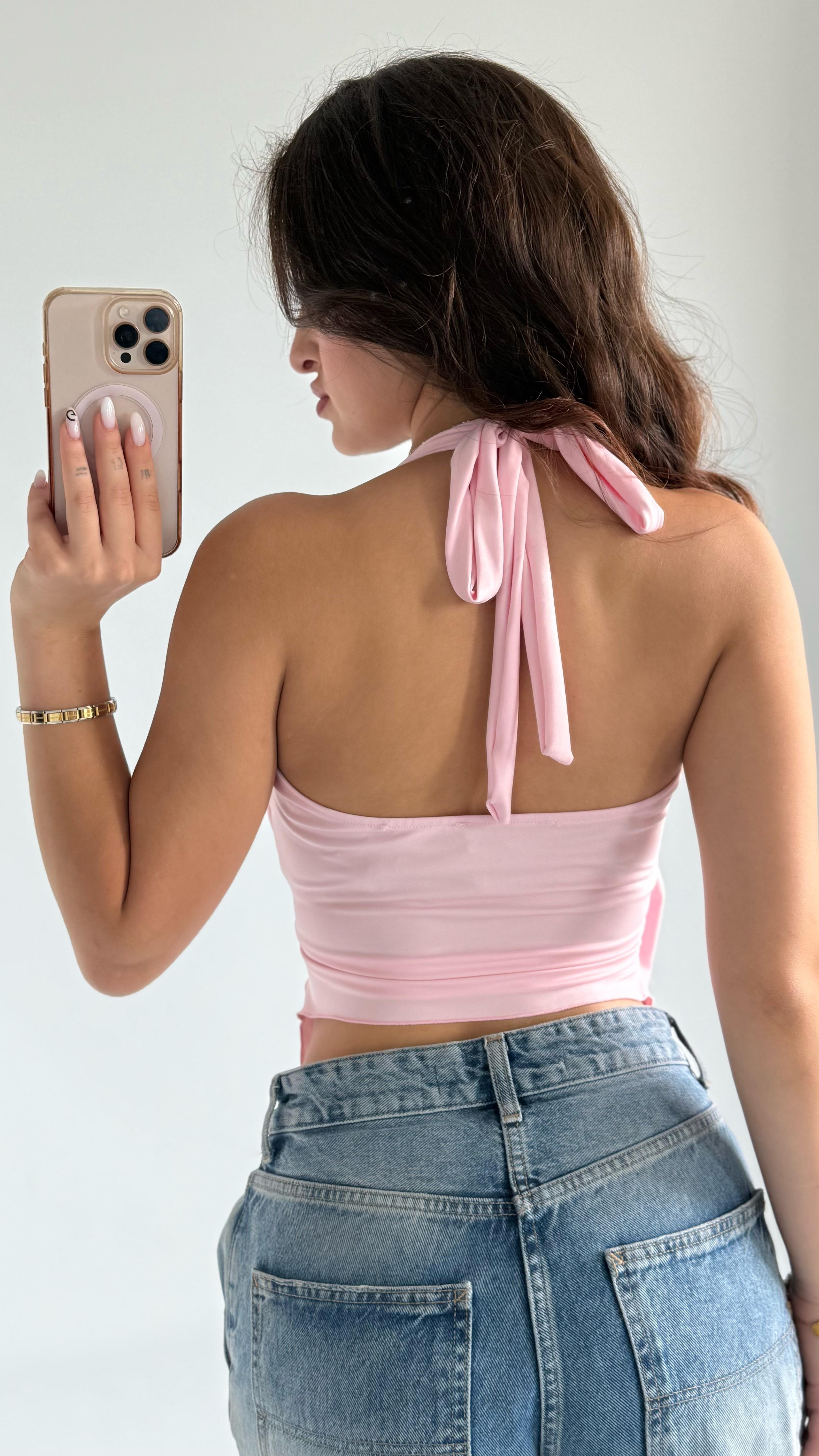 Boyundan Bağlamalı Yıldız Crop Pembe