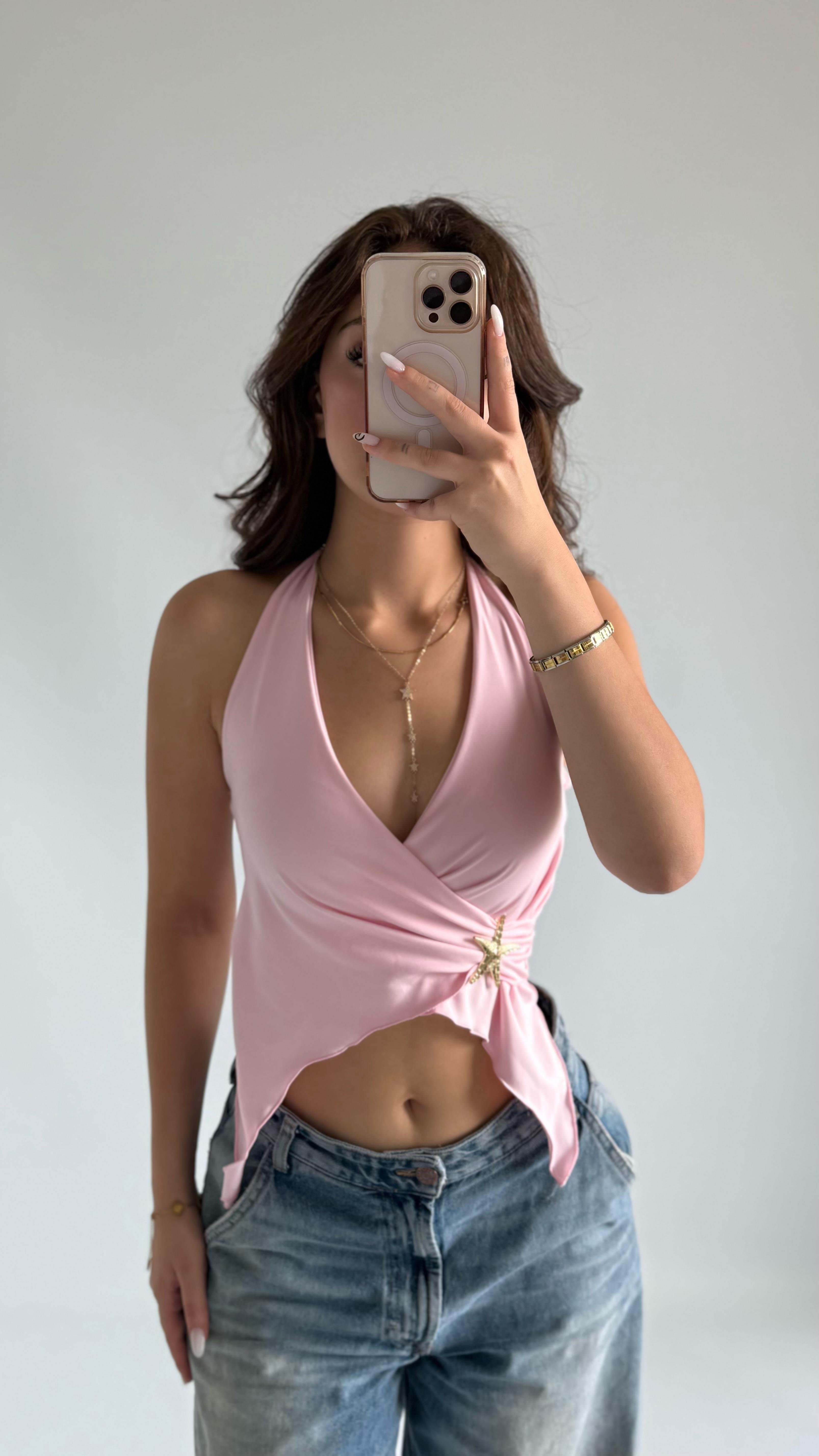 Boyundan Bağlamalı Yıldız Crop Pembe