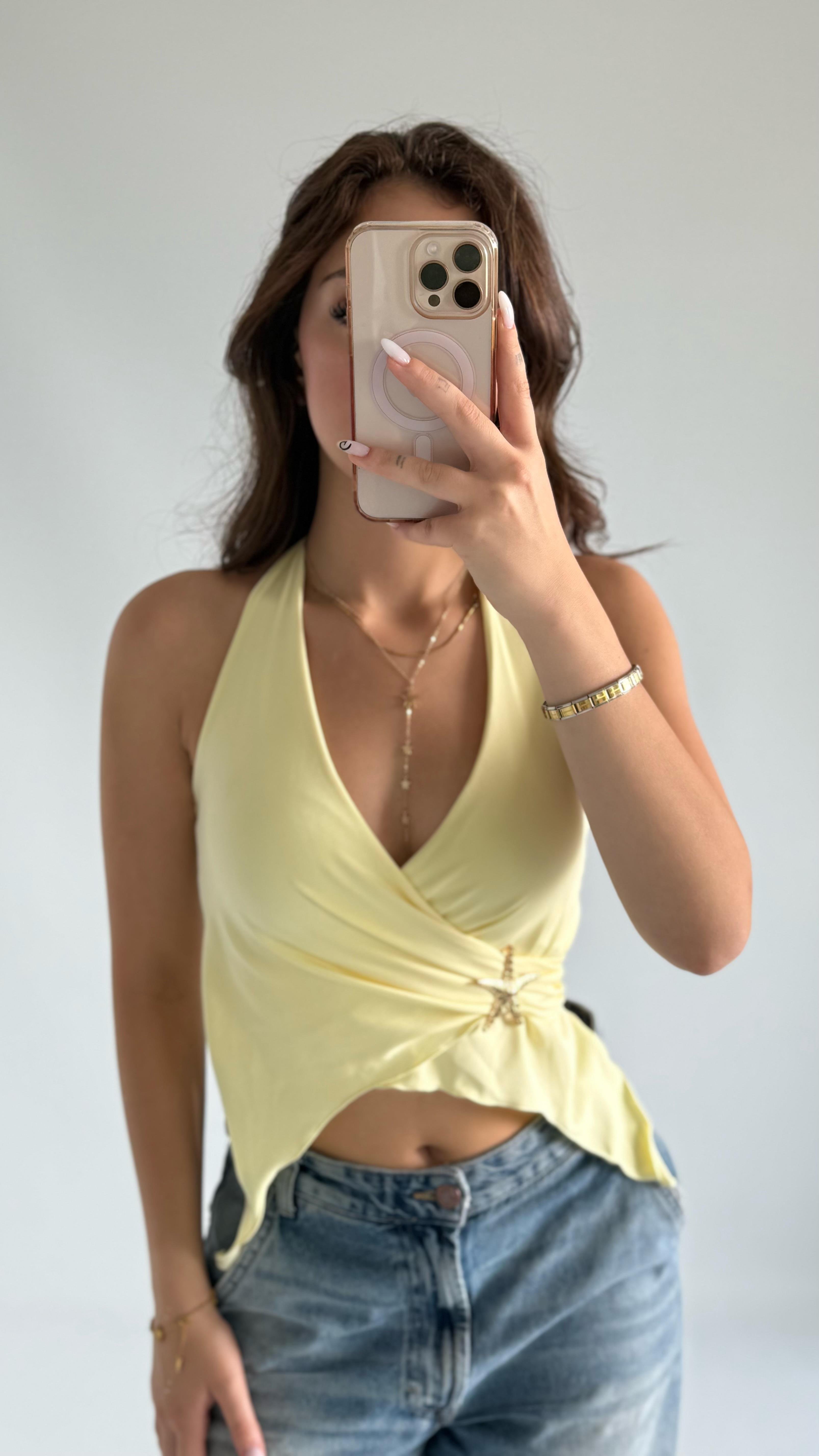 Boyundan Bağlamalı Yıldız Crop Sarı