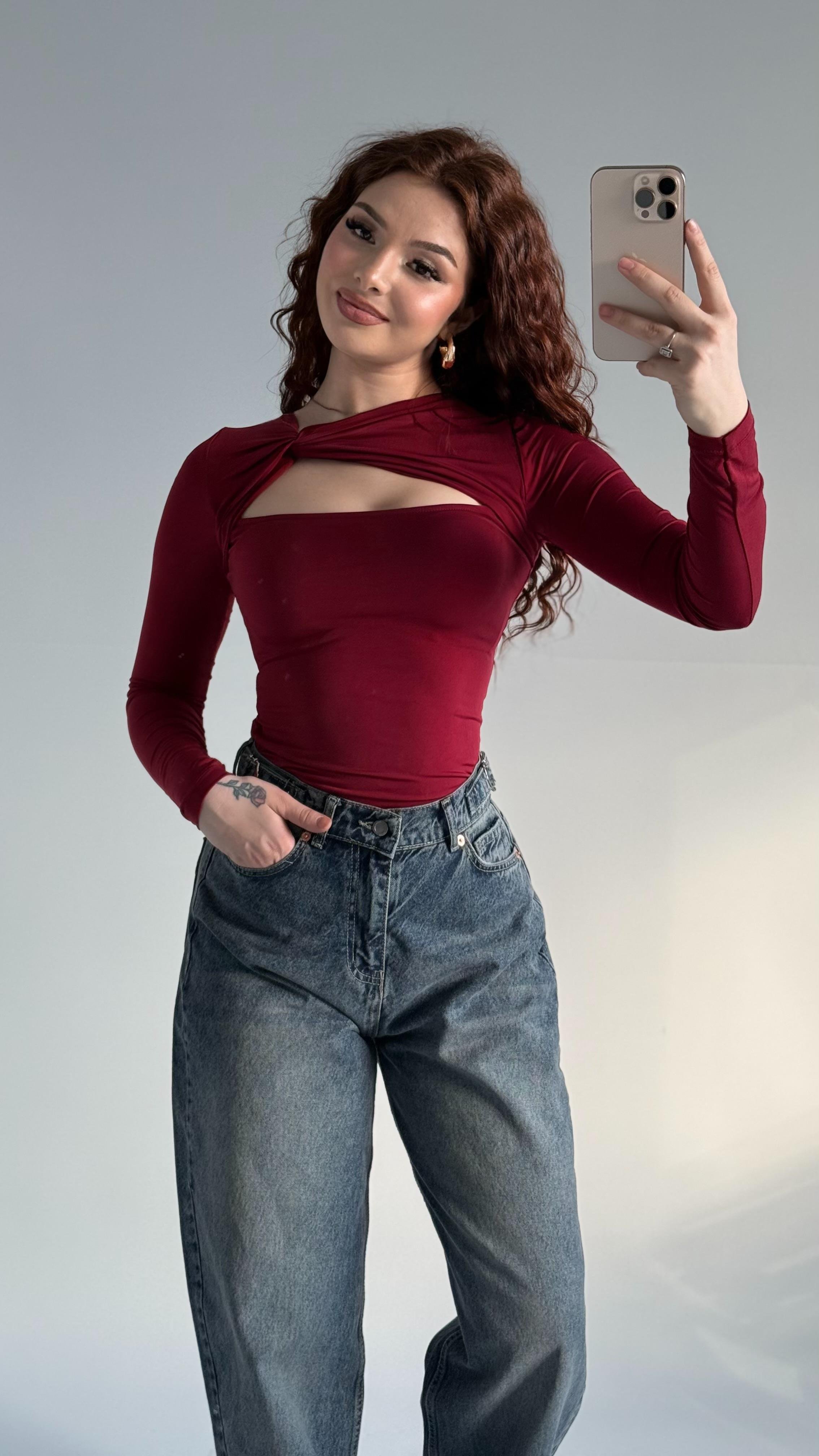 Burgu Dekolte Bluz Bordo