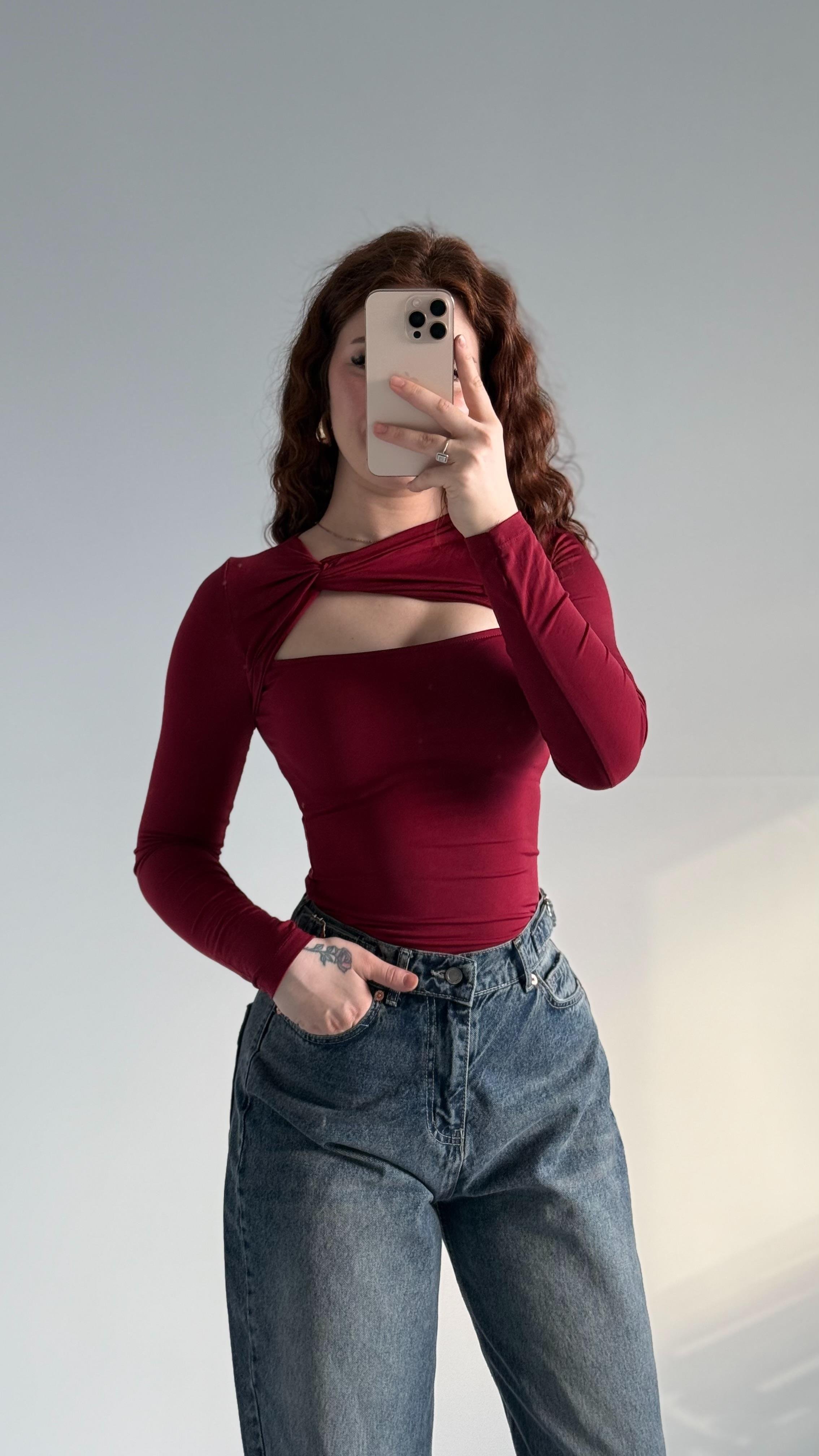 Burgu Dekolte Bluz Bordo