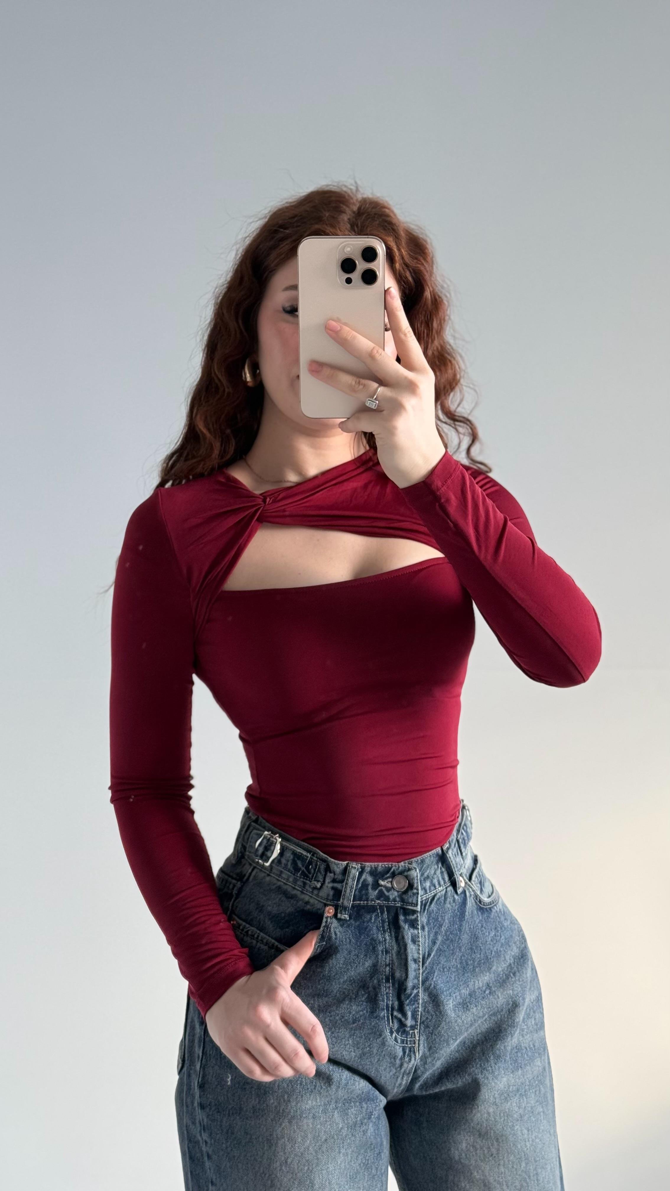 Burgu Dekolte Bluz Bordo