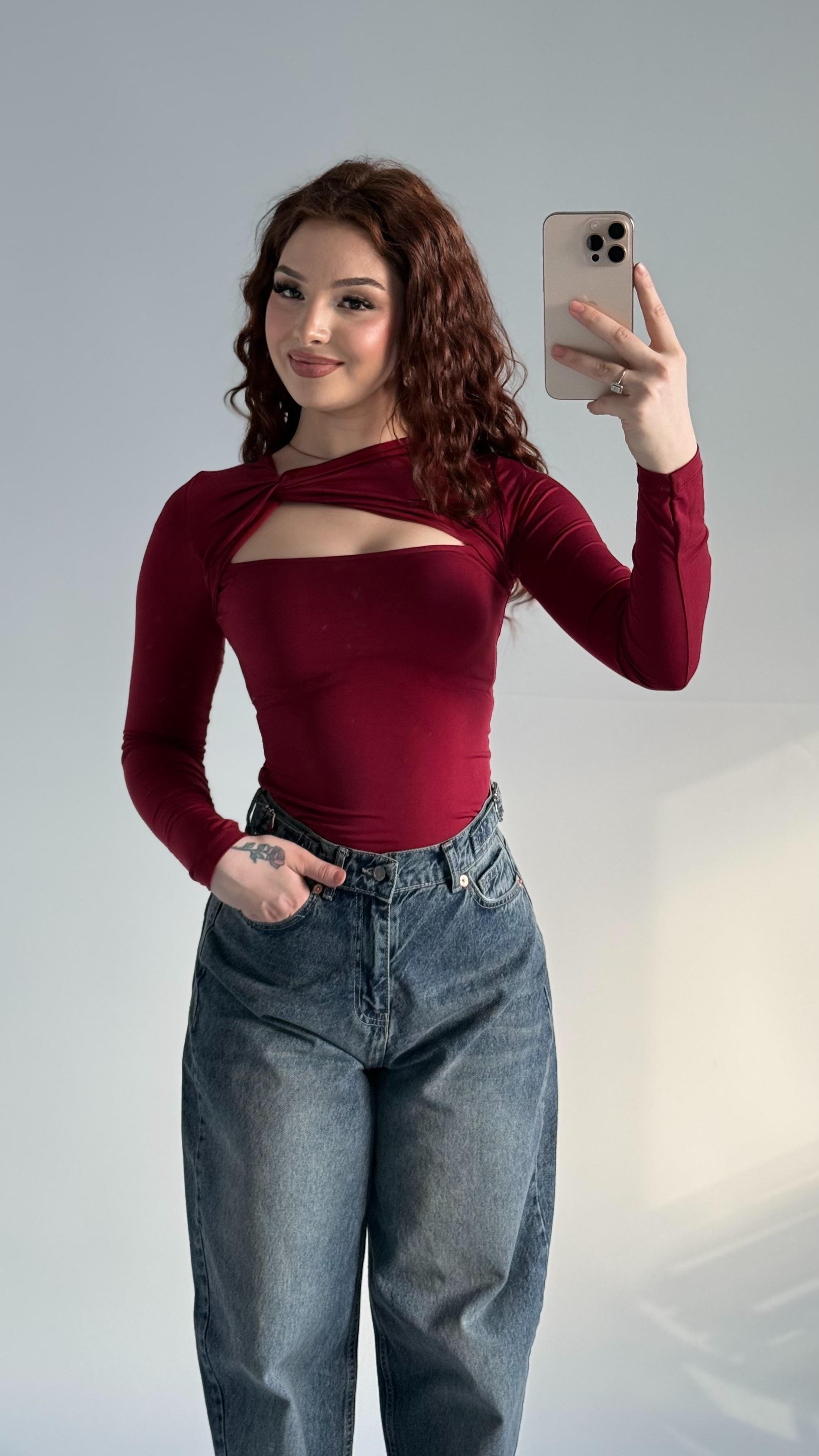 Burgu Dekolte Bluz Bordo
