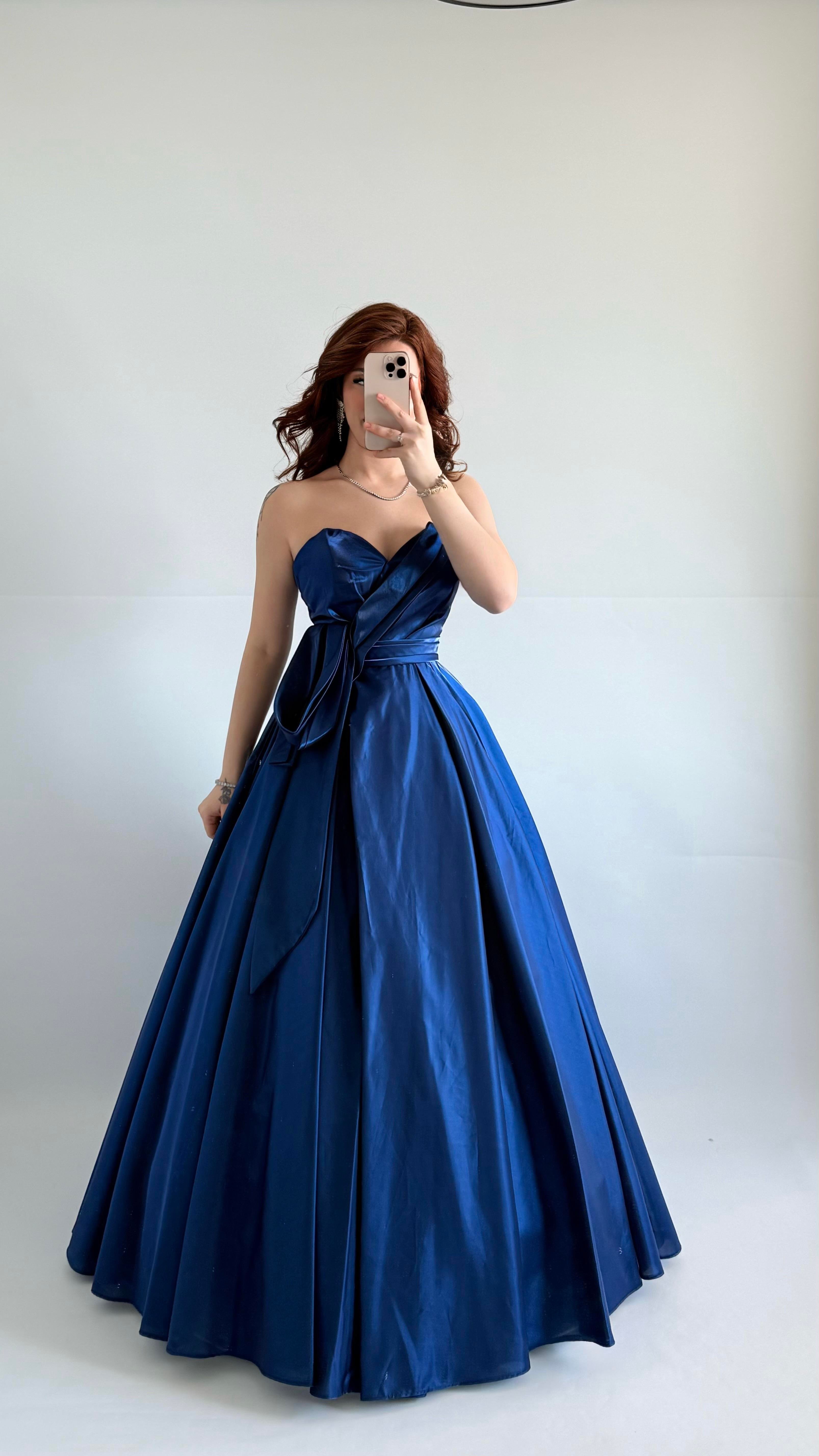 Butterfly Saten Detaylı Abiye İndigo
