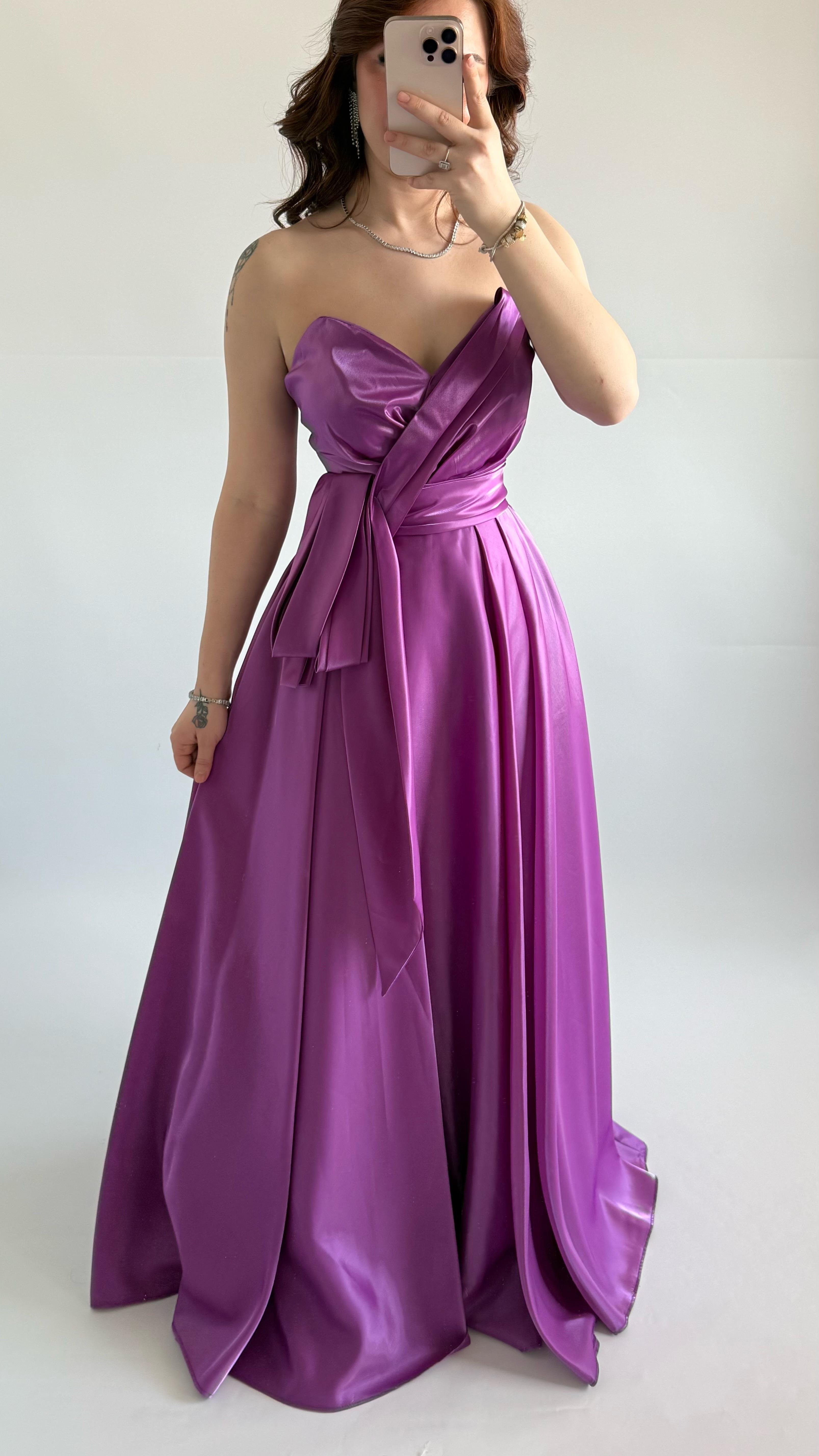 Butterfly Saten Detaylı Abiye Pembe