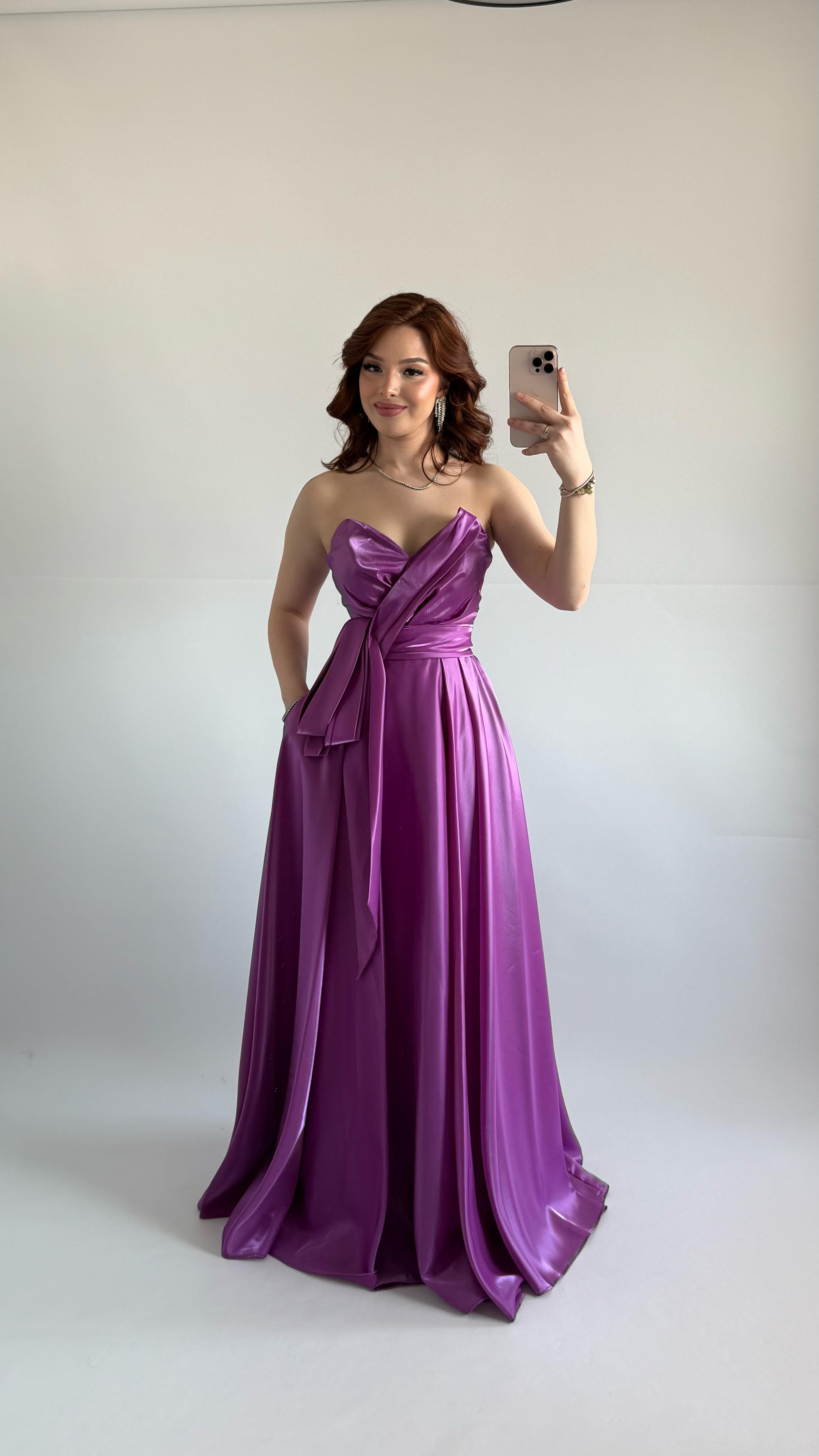 Butterfly Saten Detaylı Abiye Pembe