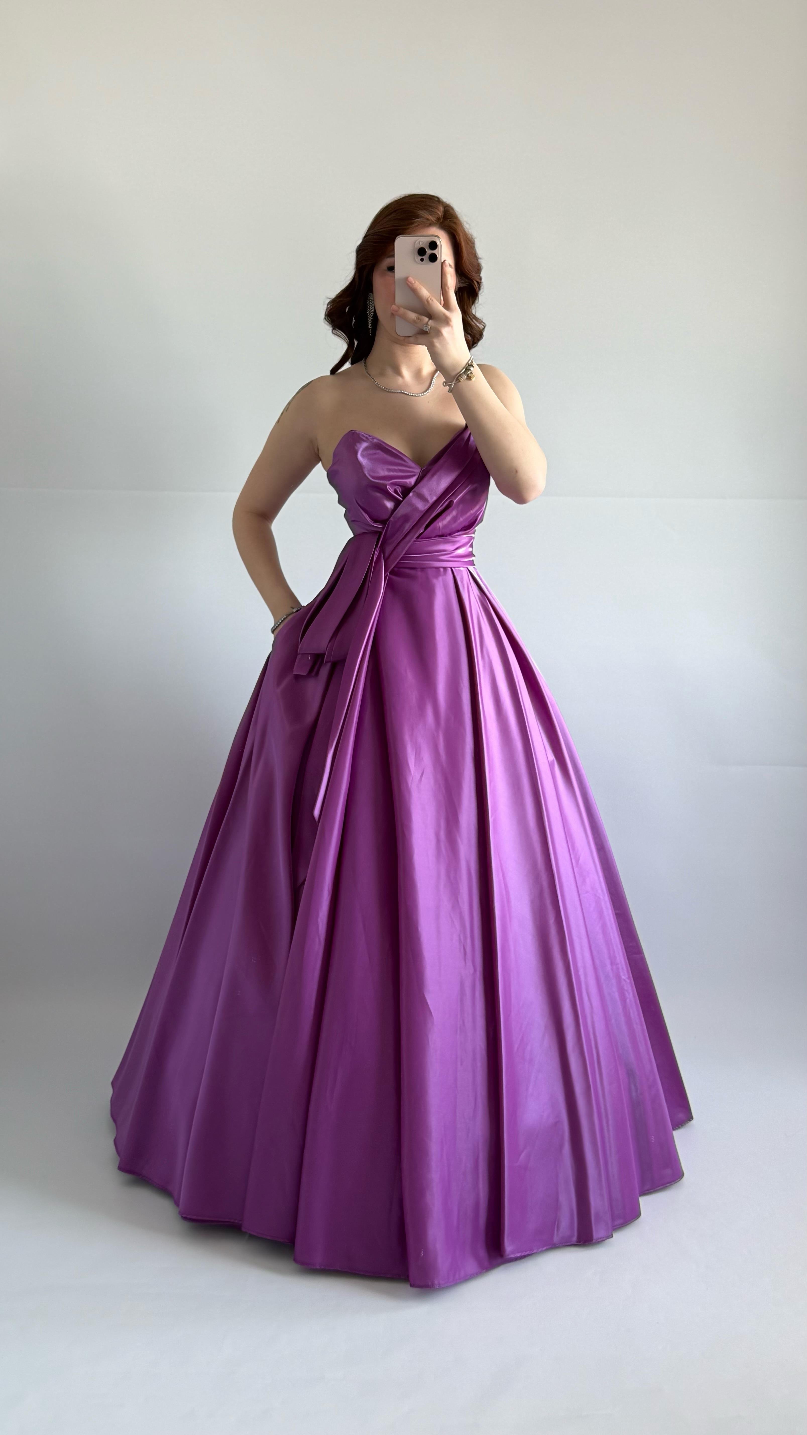 Butterfly Saten Detaylı Abiye Pembe