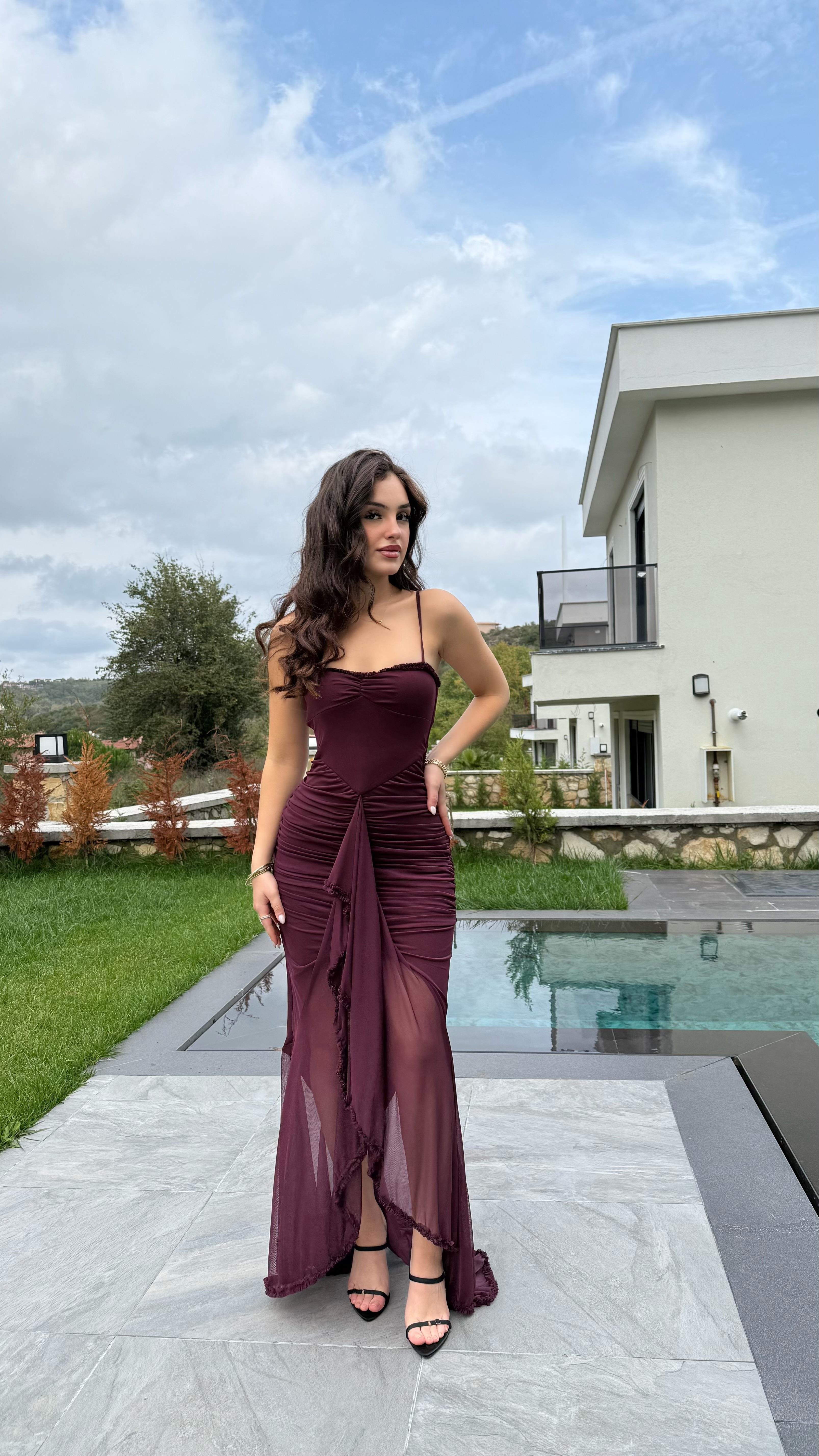 Büzgülü Fırfırlı Elbise Bordo 