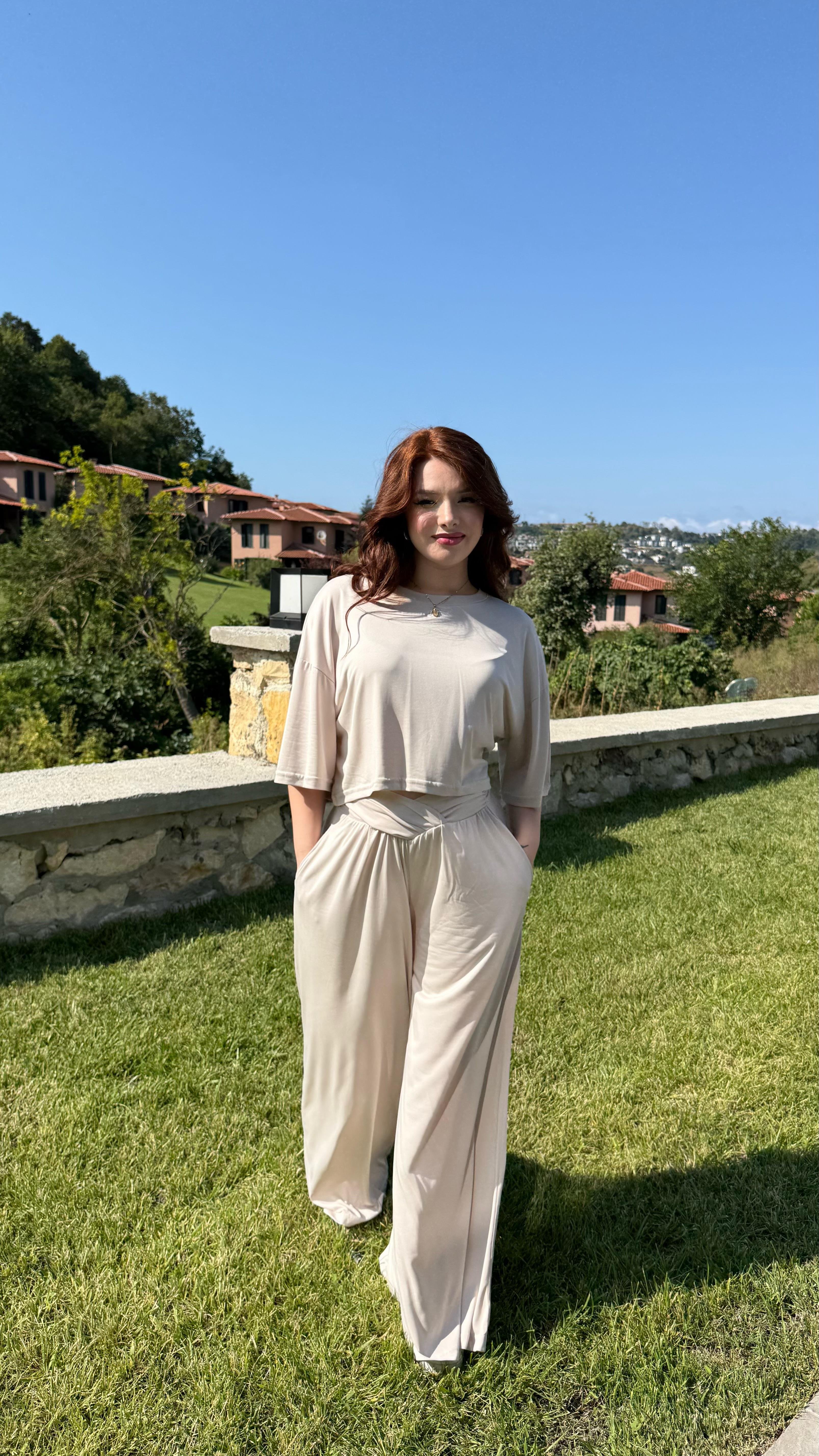 Çapraz Kemer Eşofman Takım Bej
