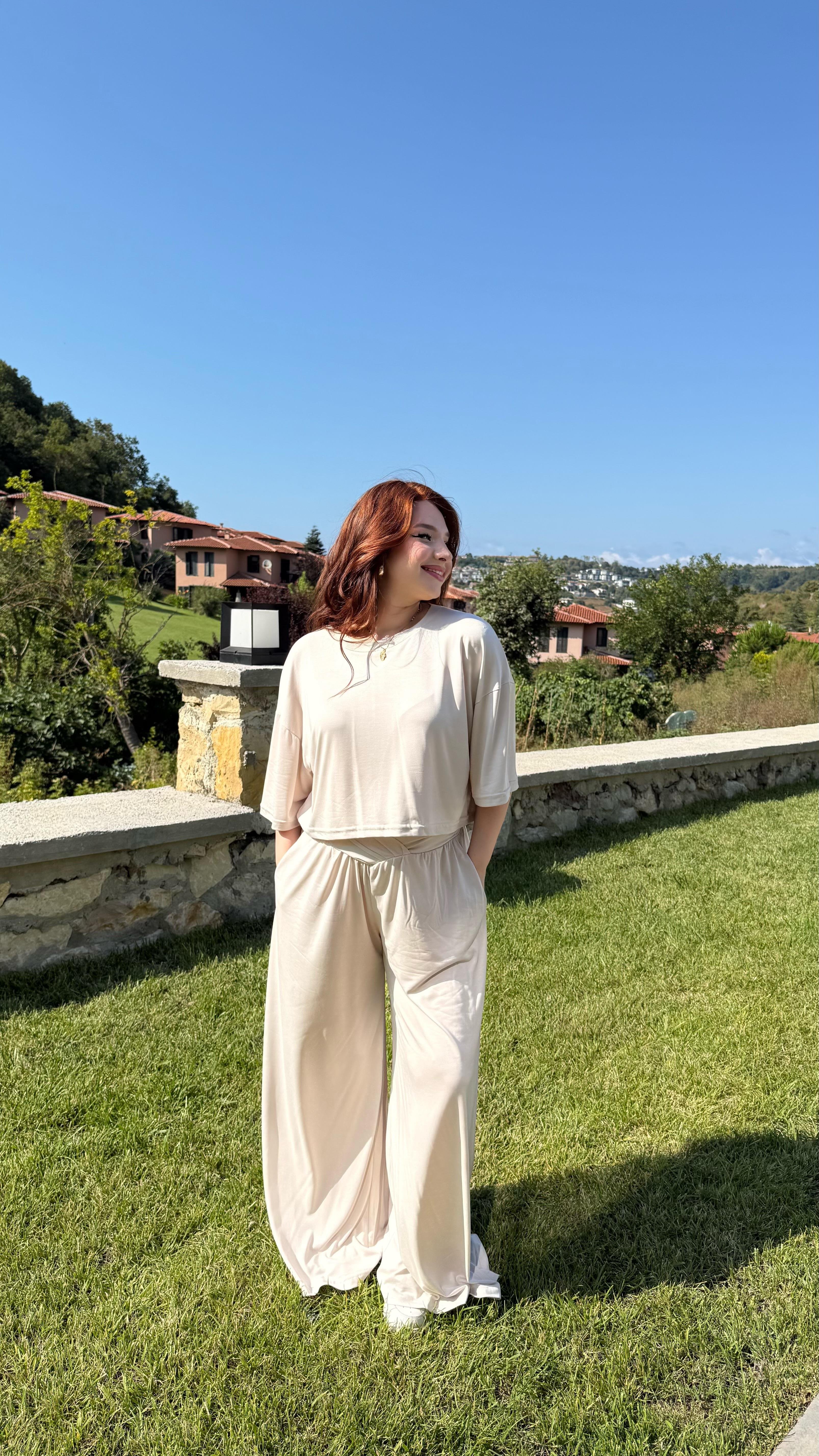 Çapraz Kemer Eşofman Takım Bej