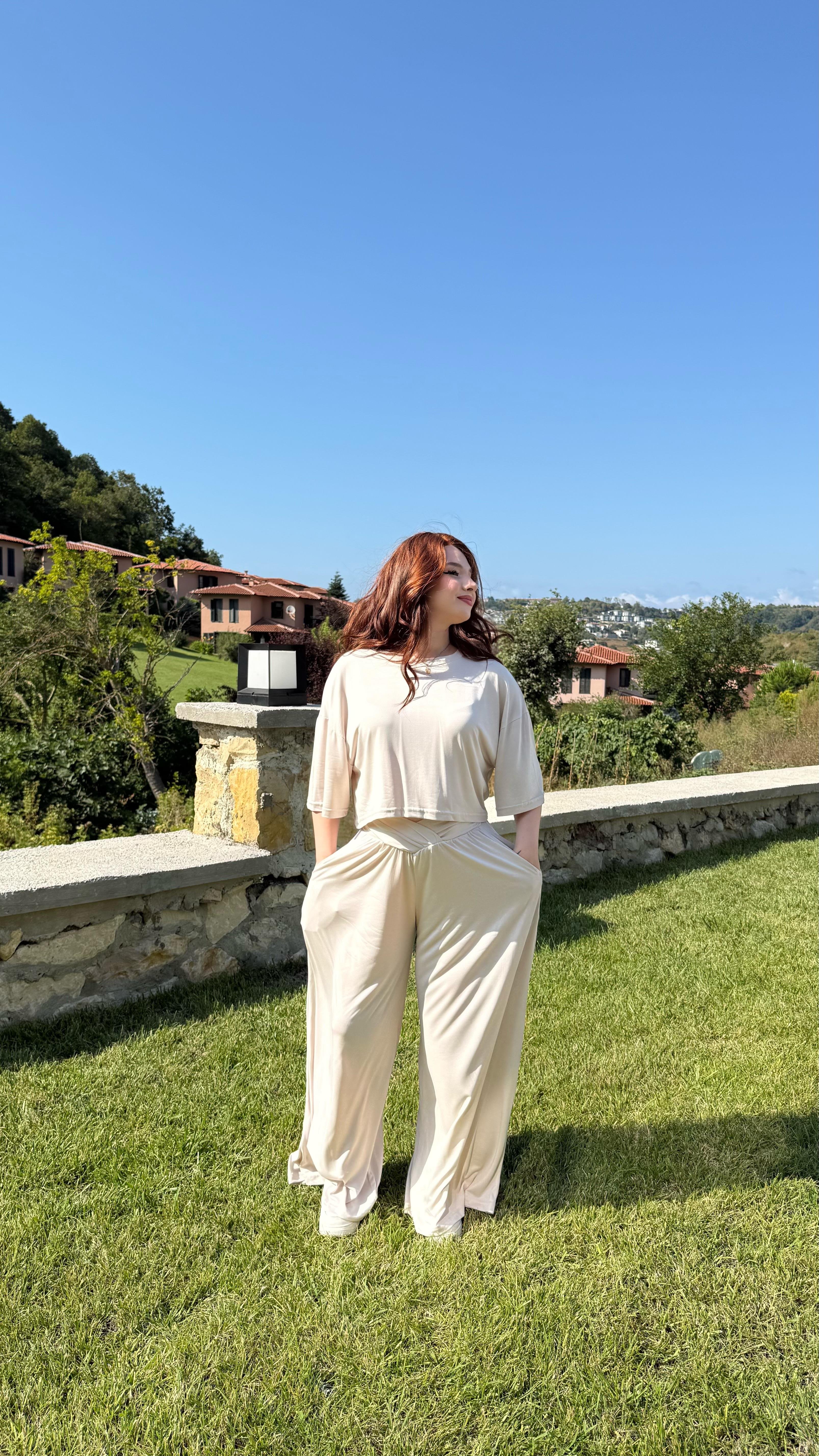Çapraz Kemer Eşofman Takım Bej