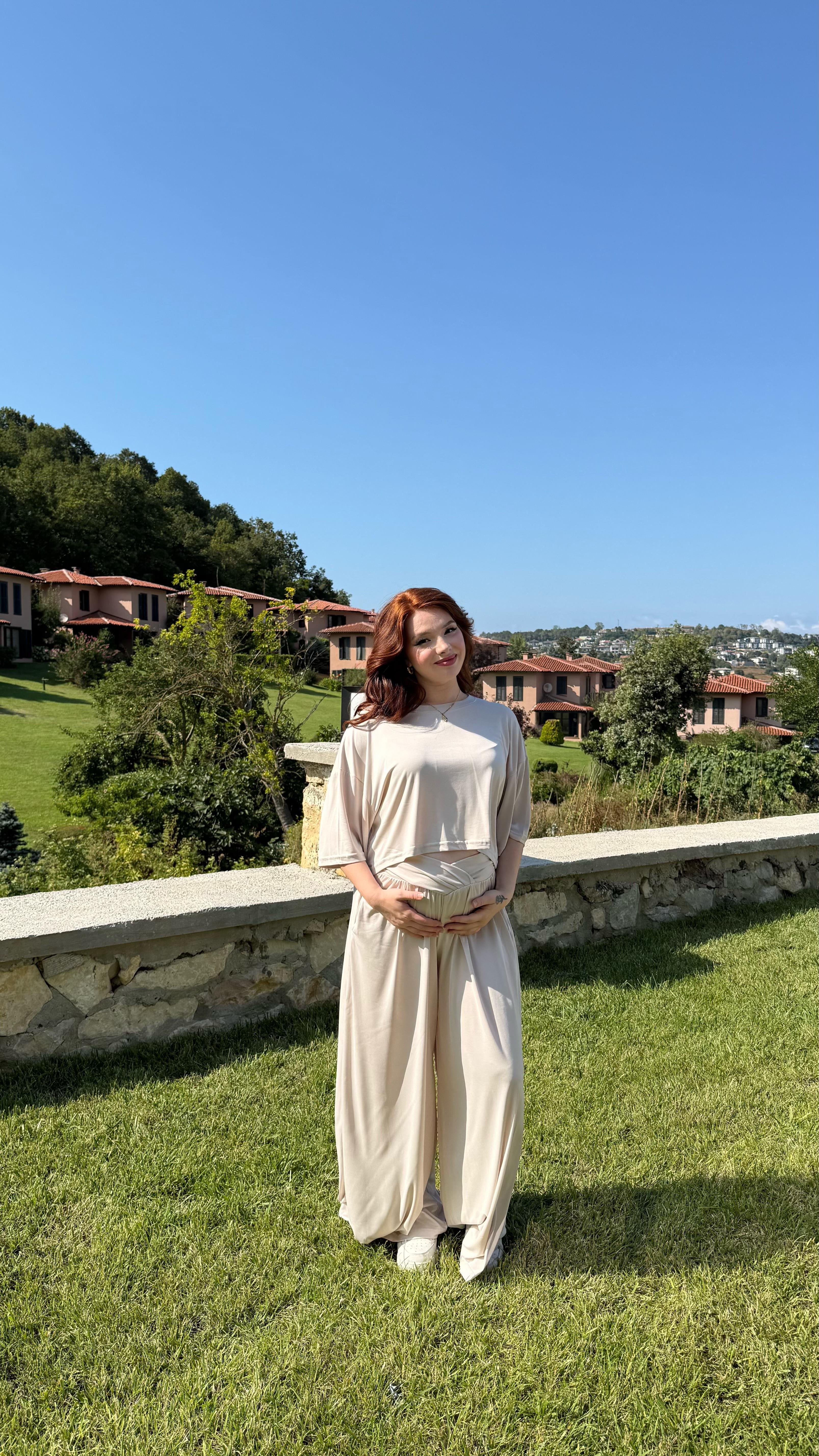 Çapraz Kemer Eşofman Takım Bej