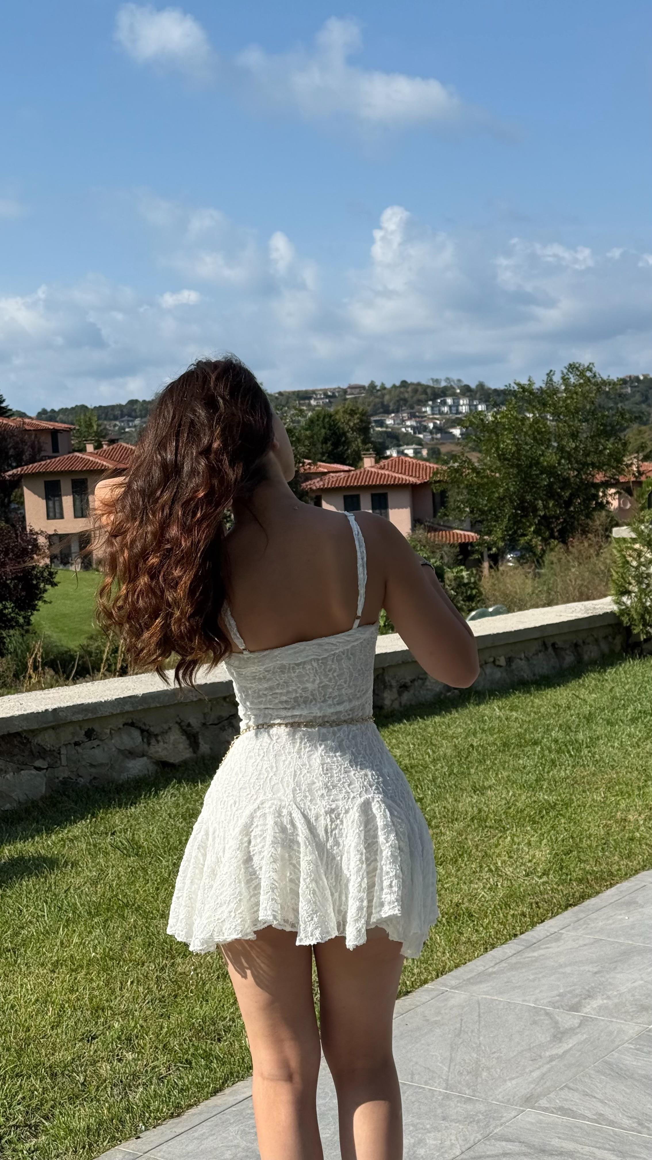 Caroline Dantel Mini Elbise Beyaz