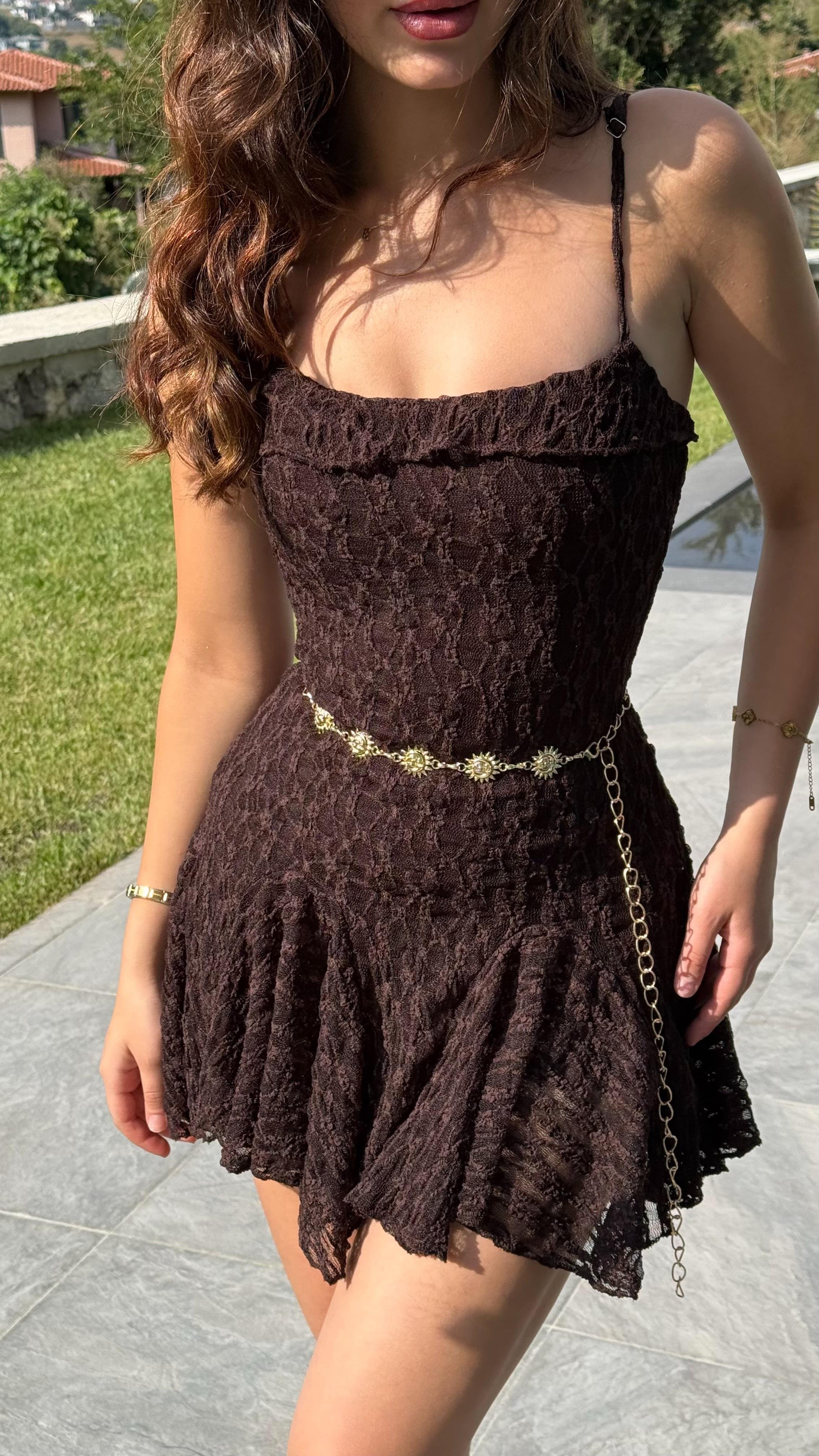 Caroline Dantel Mini Elbise Kahverengi