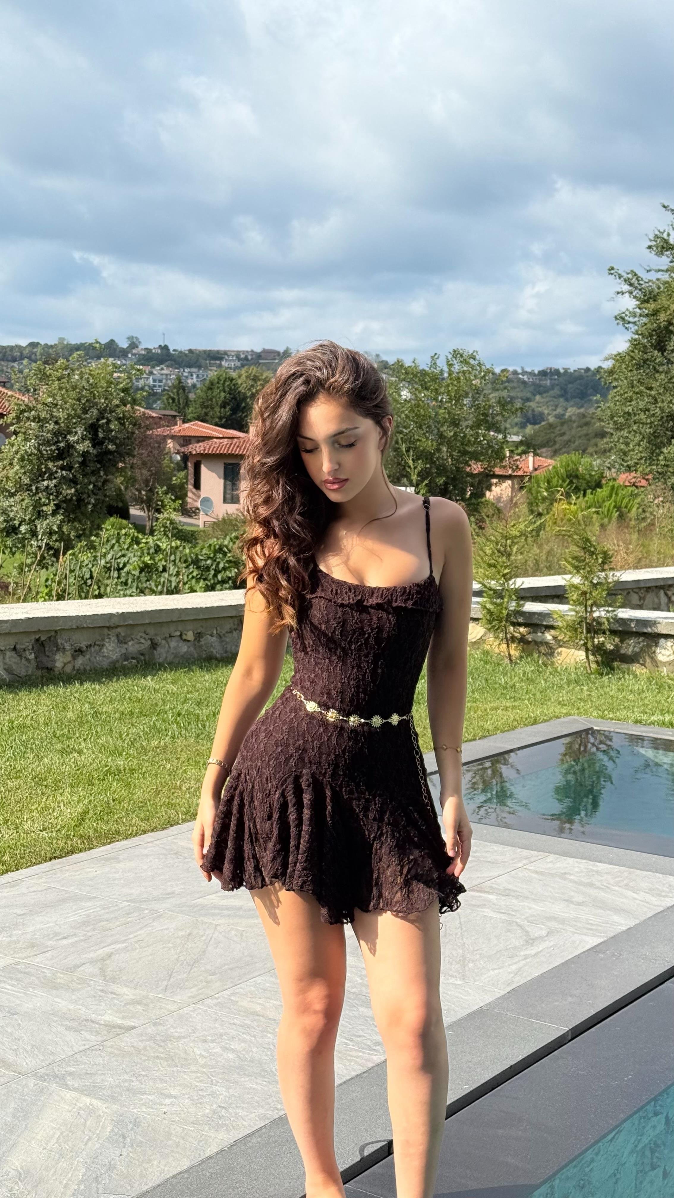 Caroline Dantel Mini Elbise Kahverengi
