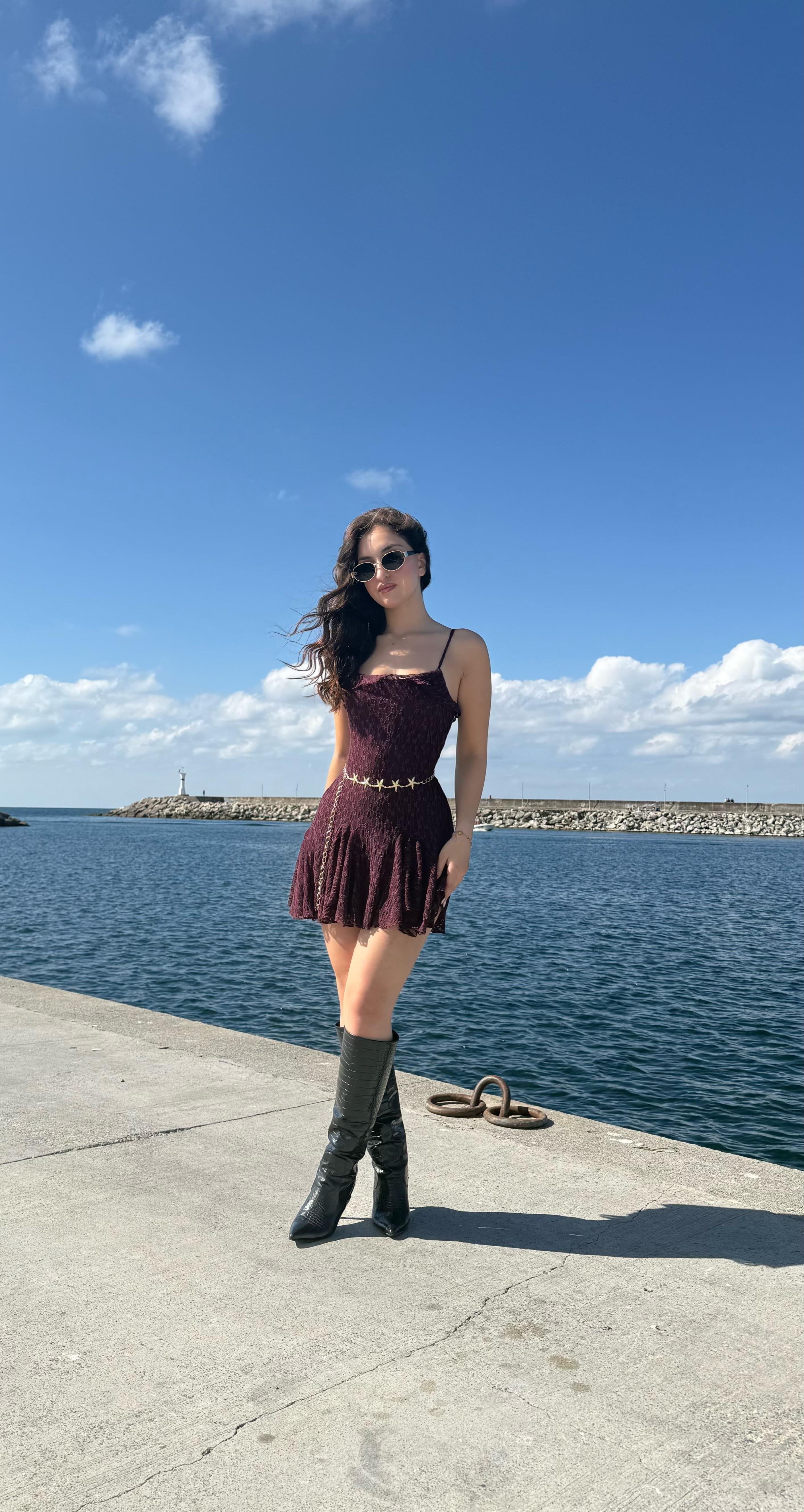 Caroline Dantel Mini Elbise Mürdüm