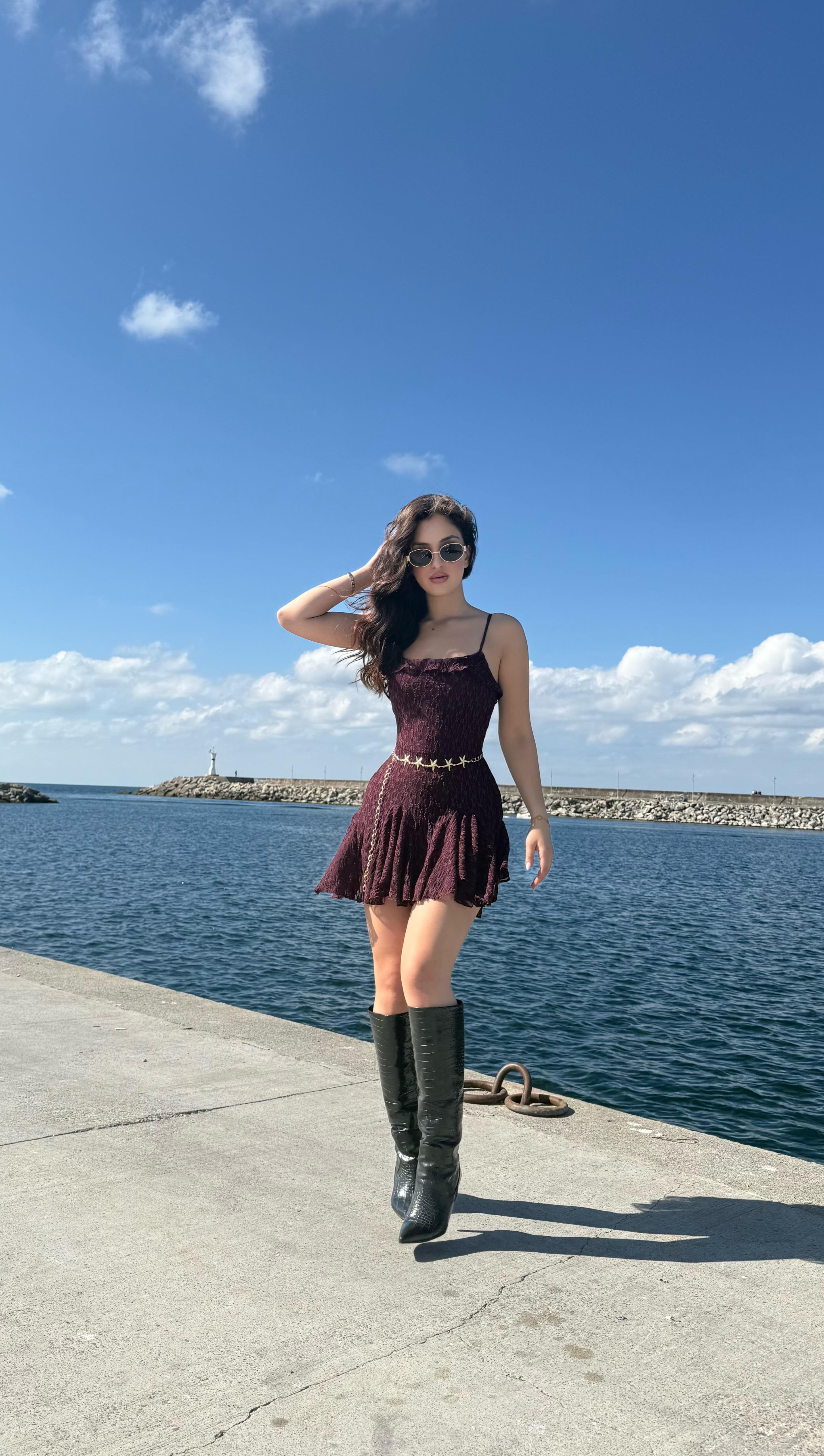 Caroline Dantel Mini Elbise Mürdüm