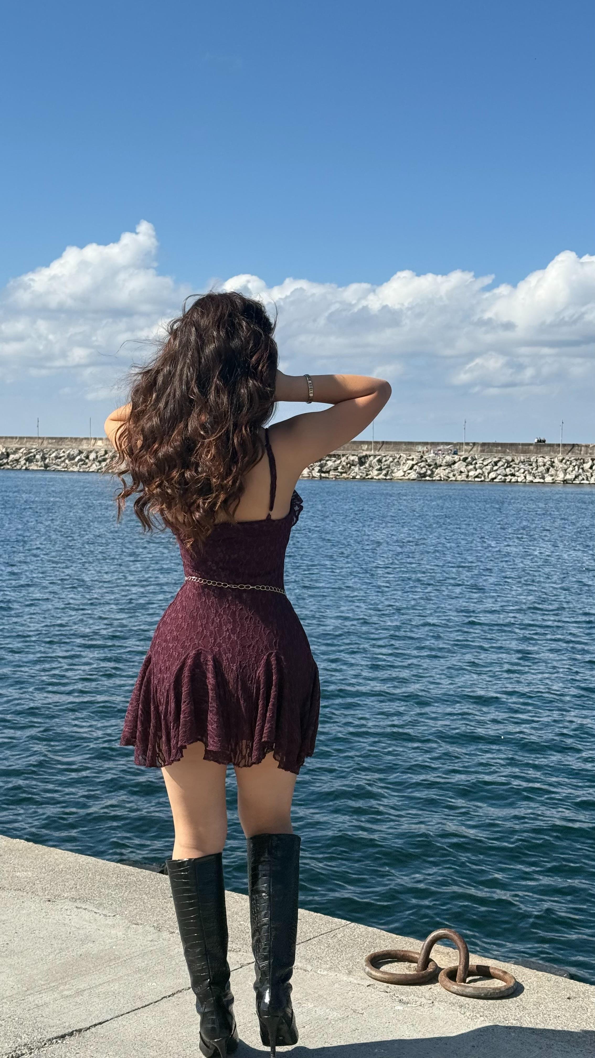 Caroline Dantel Mini Elbise Mürdüm