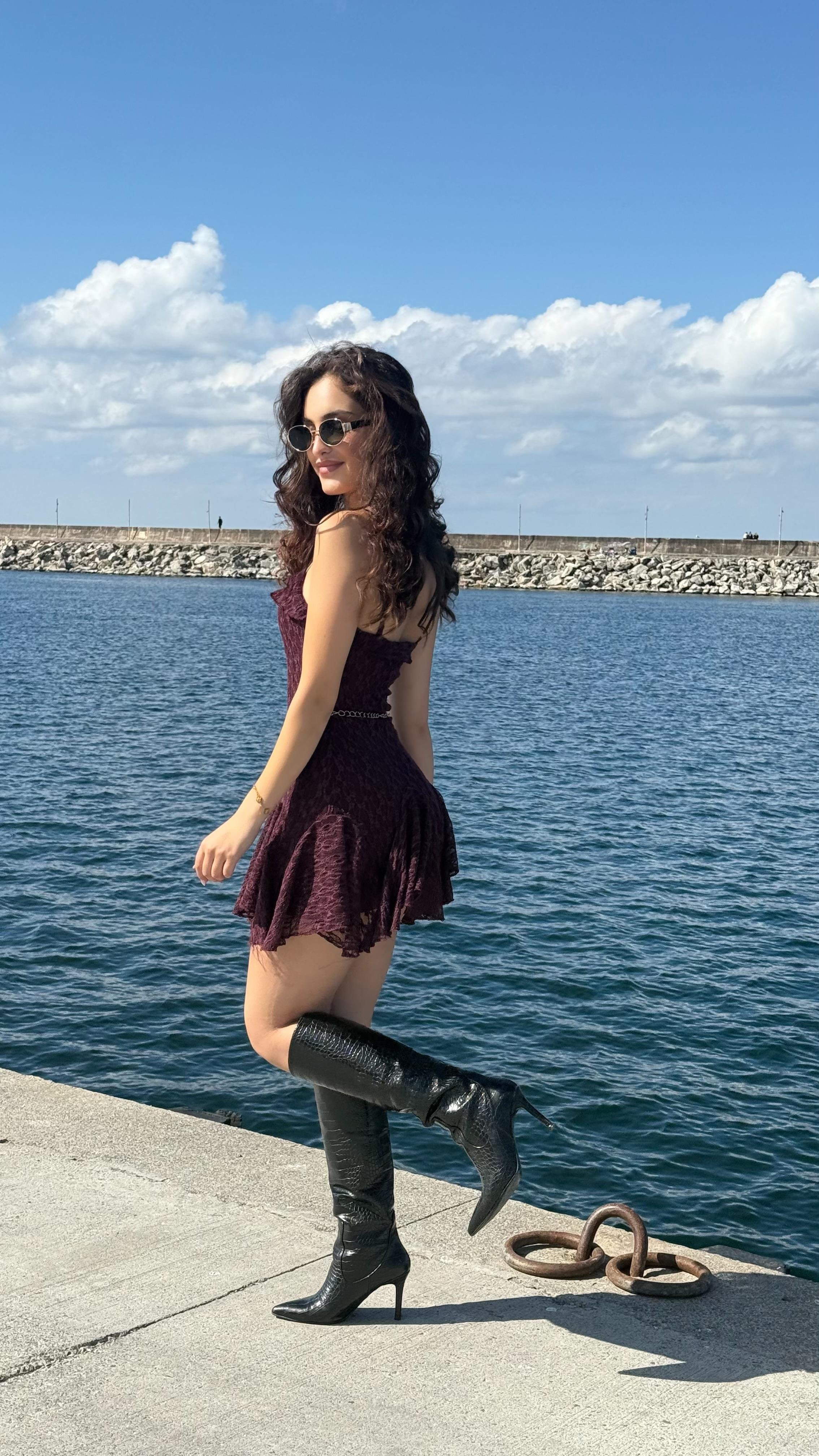 Caroline Dantel Mini Elbise Mürdüm