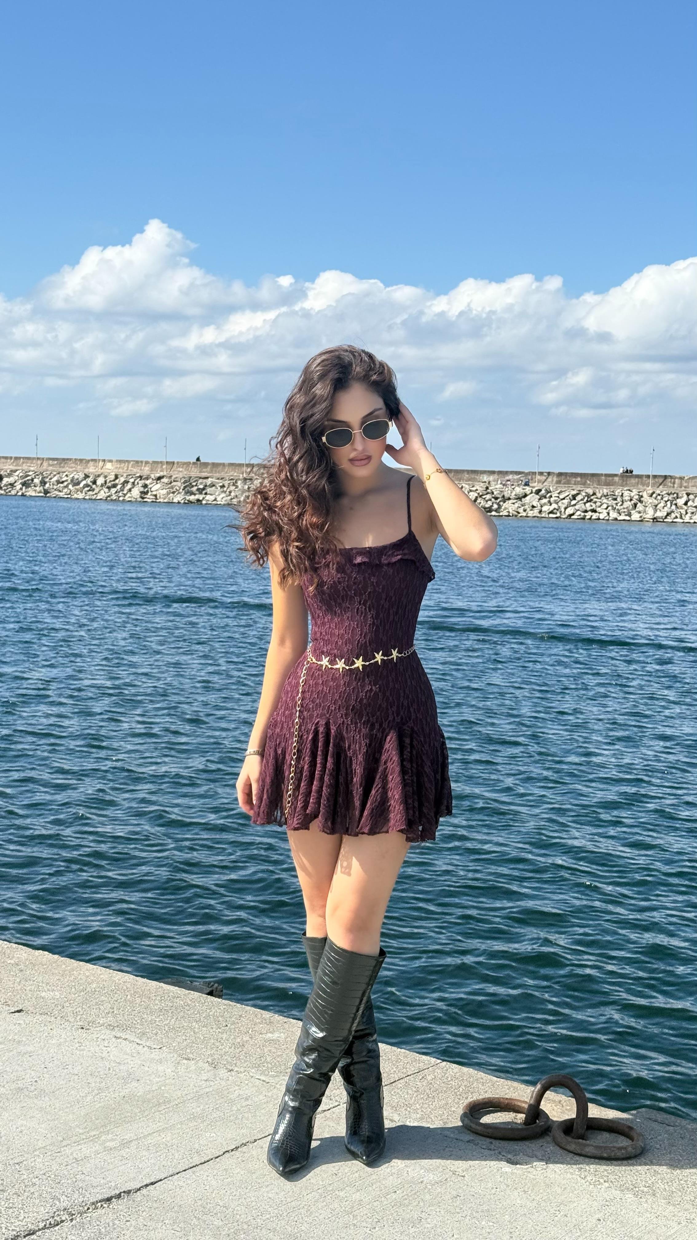 Caroline Dantel Mini Elbise Mürdüm