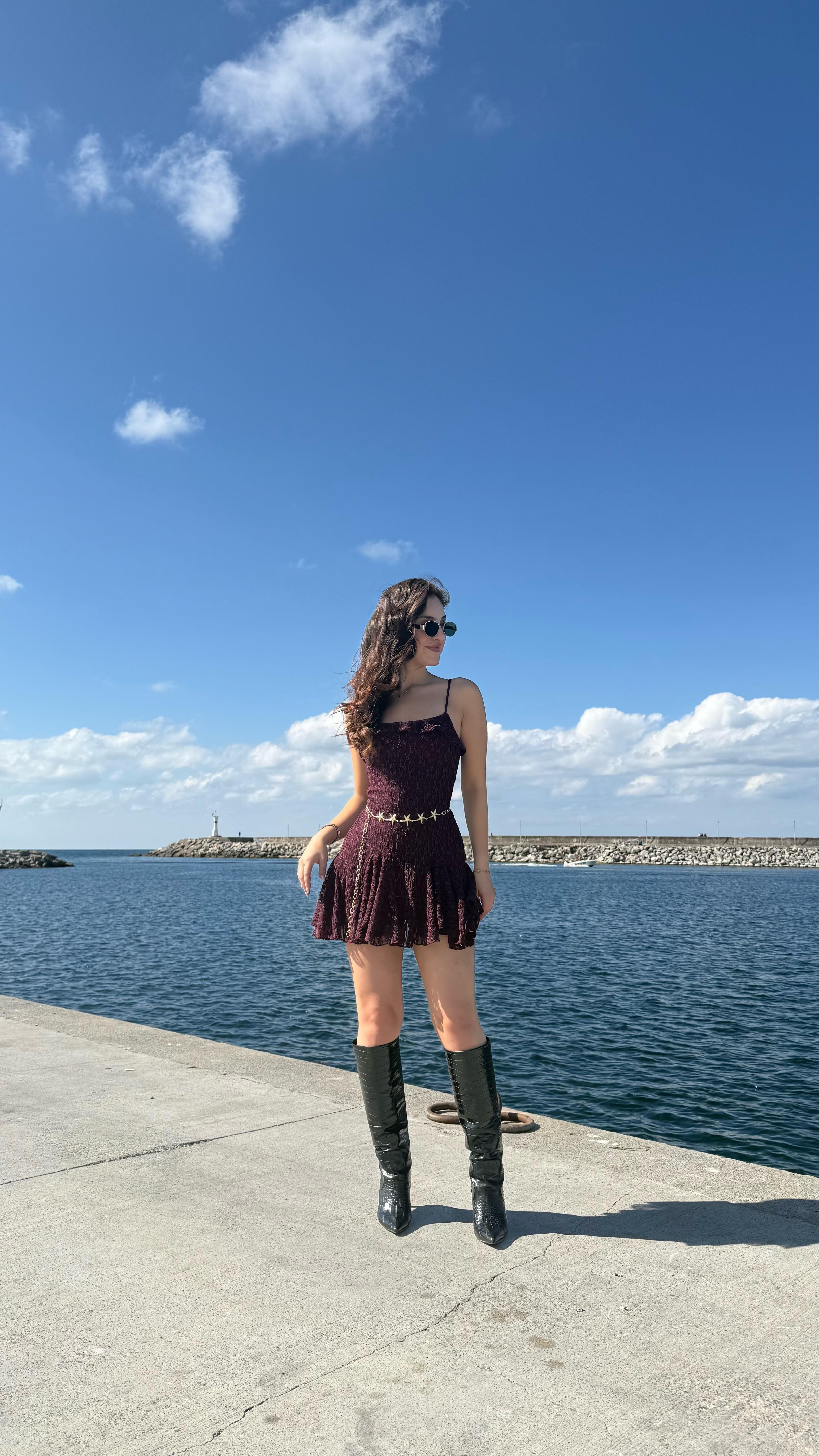 Caroline Dantel Mini Elbise Mürdüm
