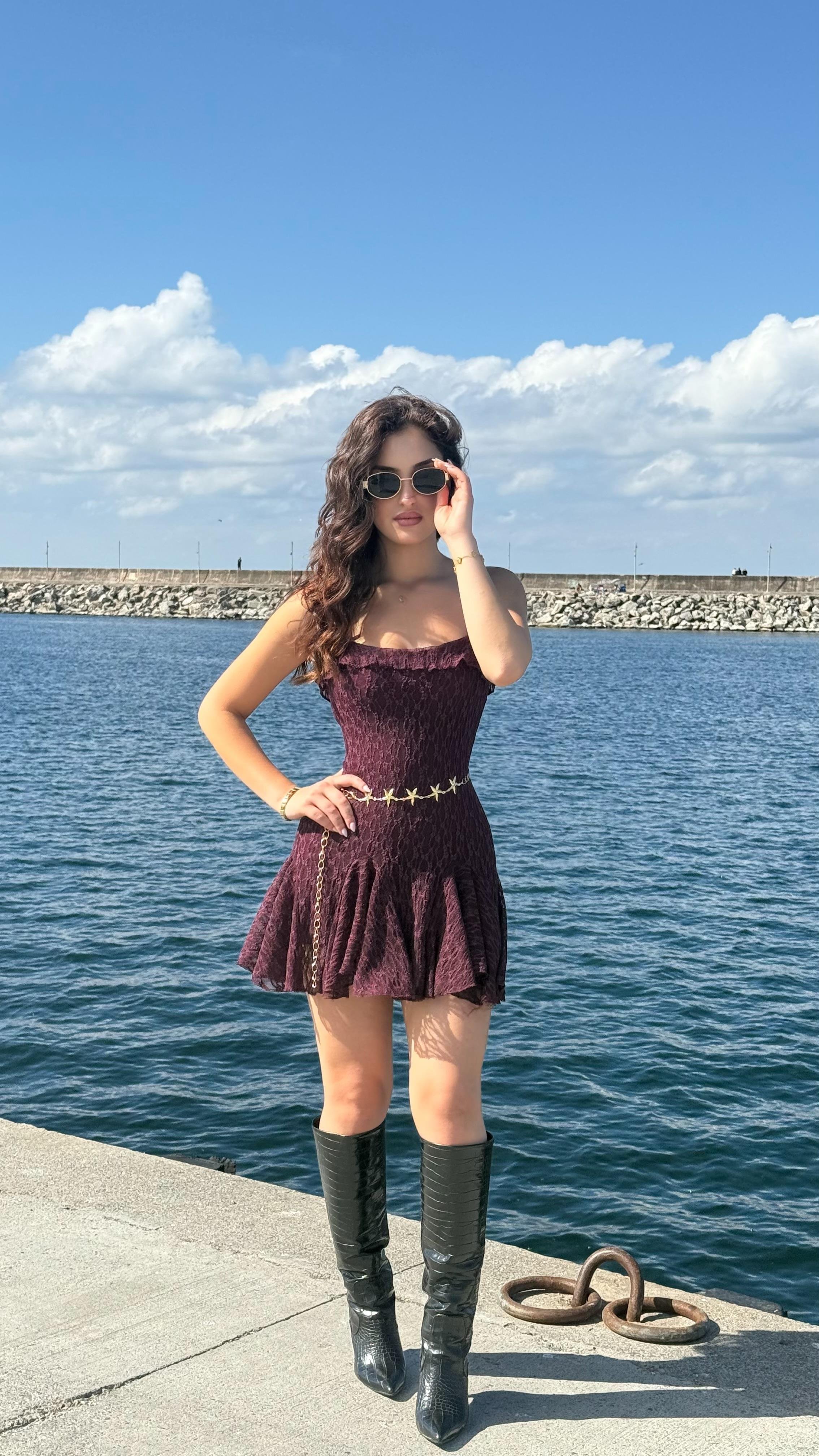 Caroline Dantel Mini Elbise Mürdüm