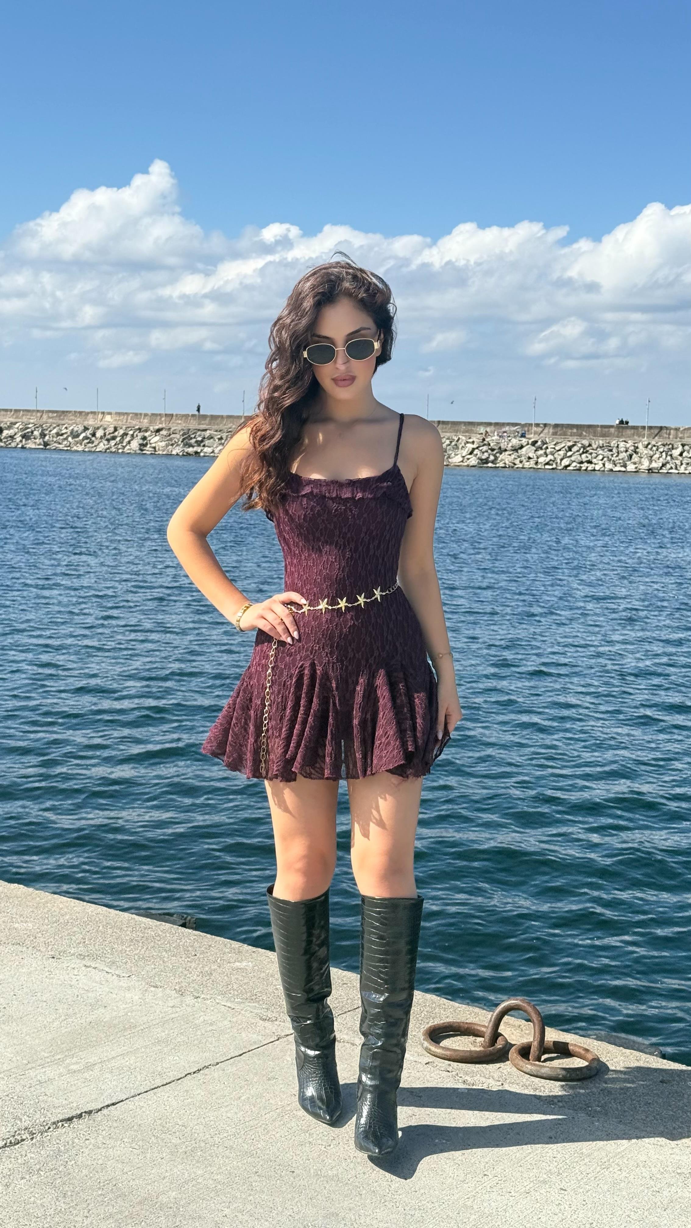 Caroline Dantel Mini Elbise Mürdüm
