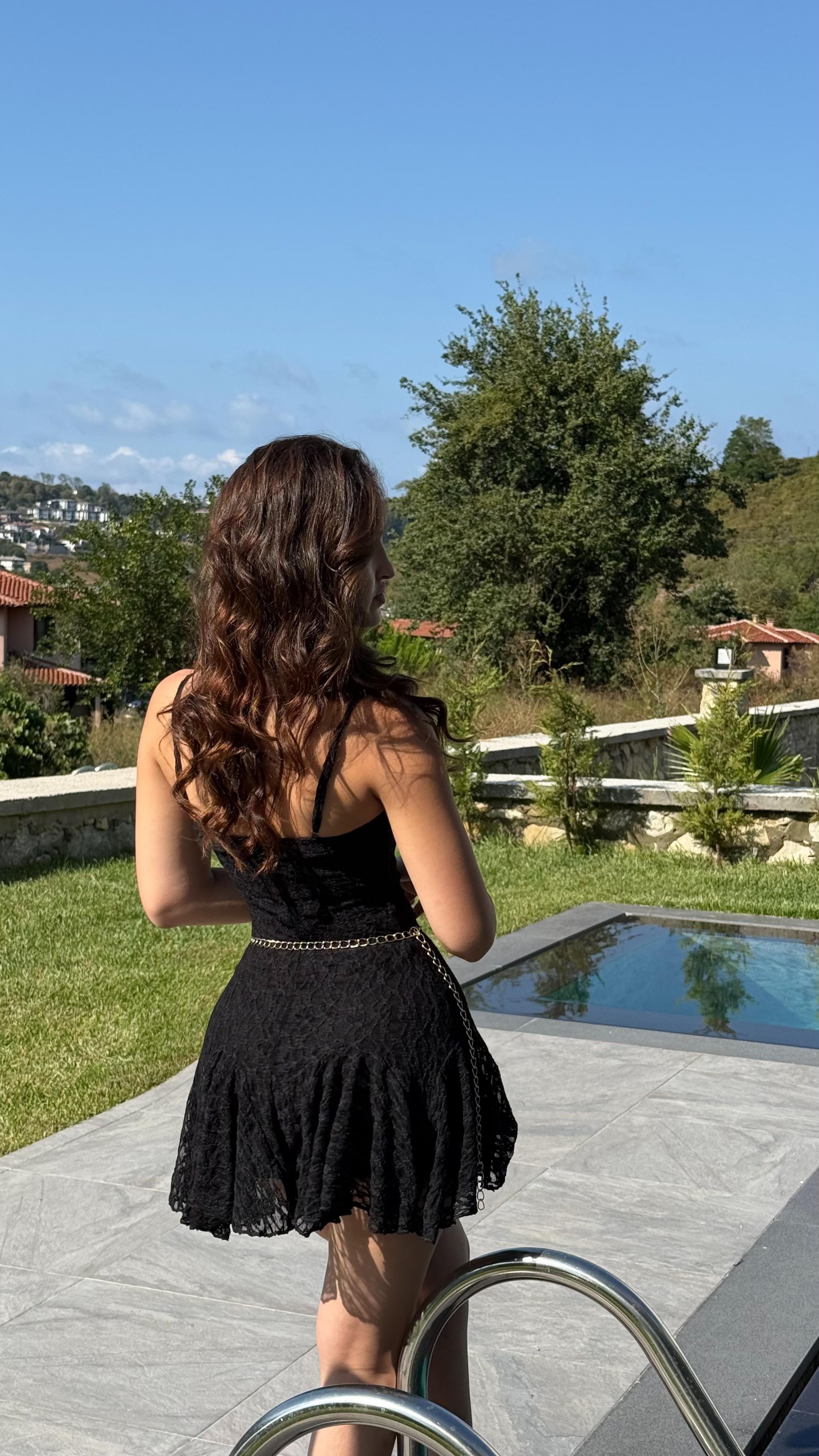 Caroline Dantel Mini Elbise Siyah