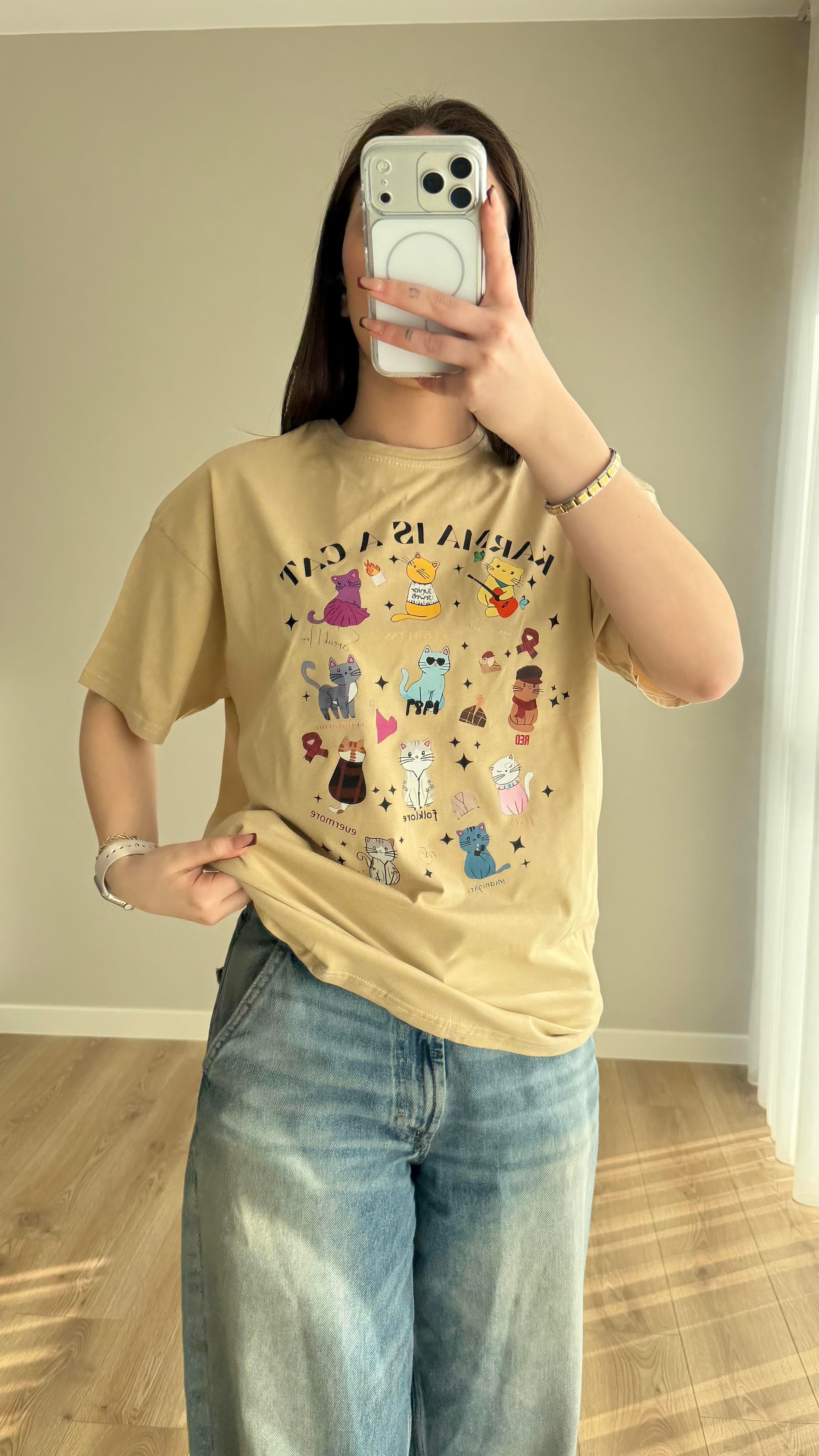 Cat Tişört Bej