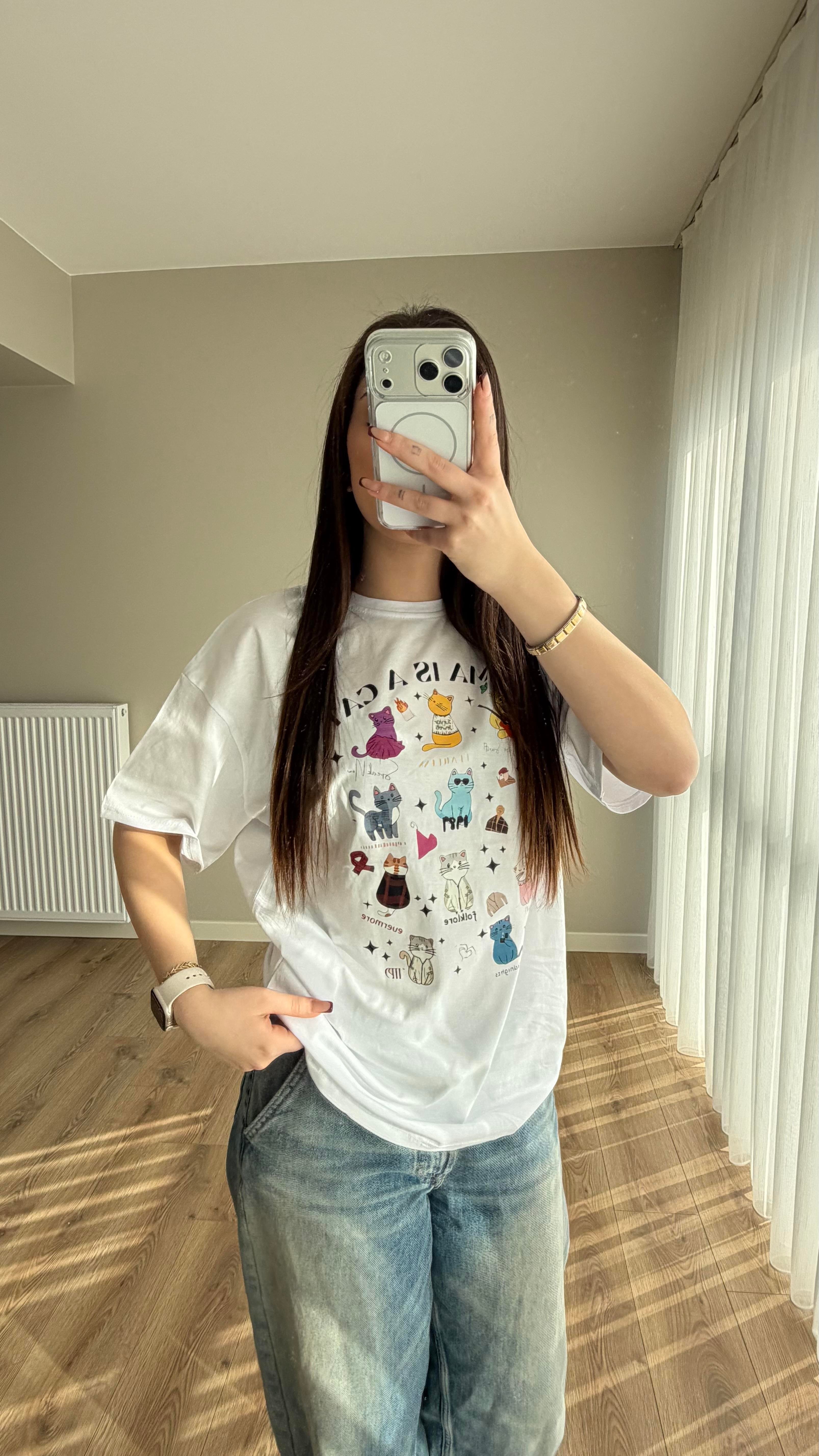 Cat Tişört Beyaz