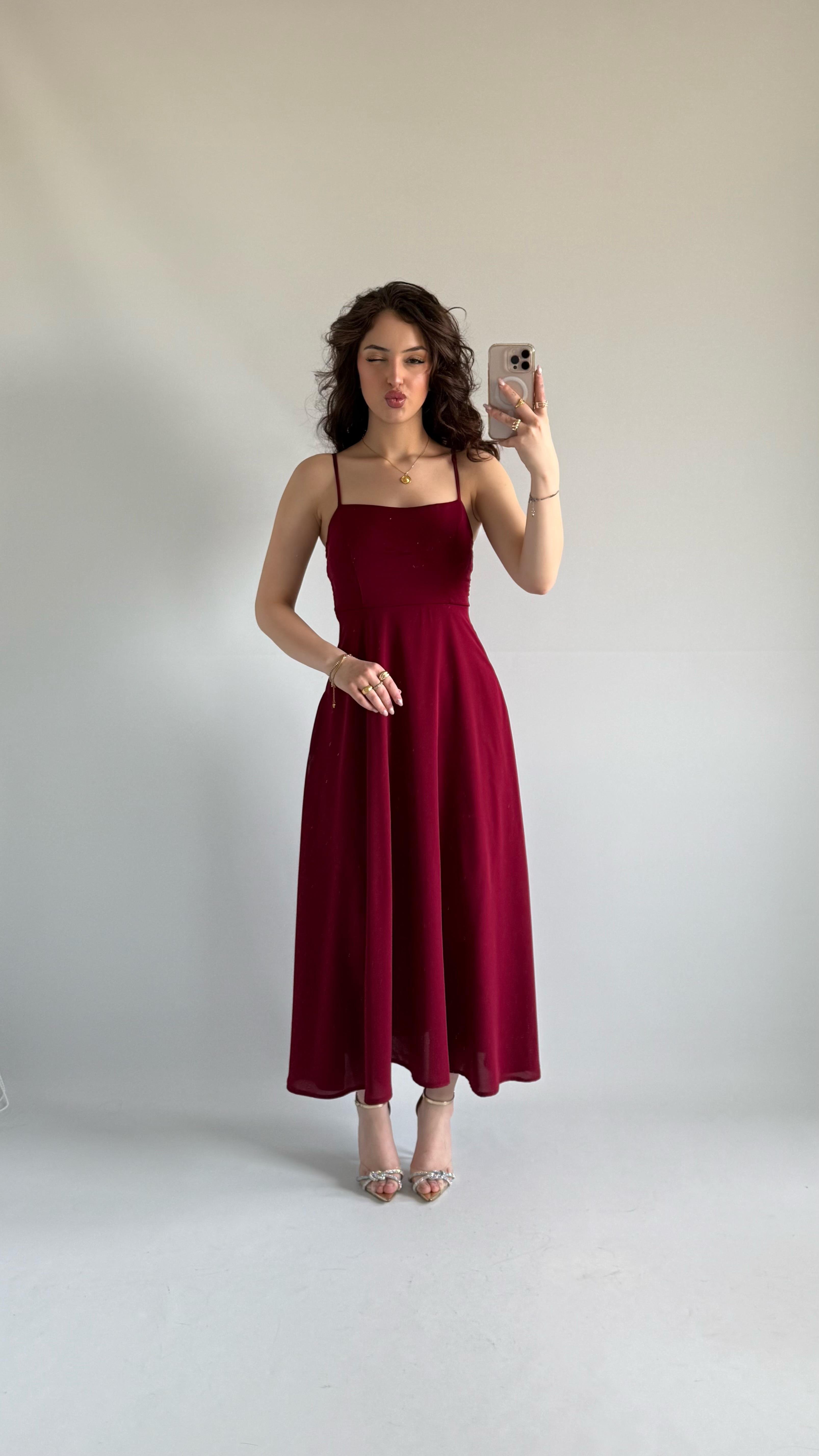 Cesica Uzun Elbise Bordo