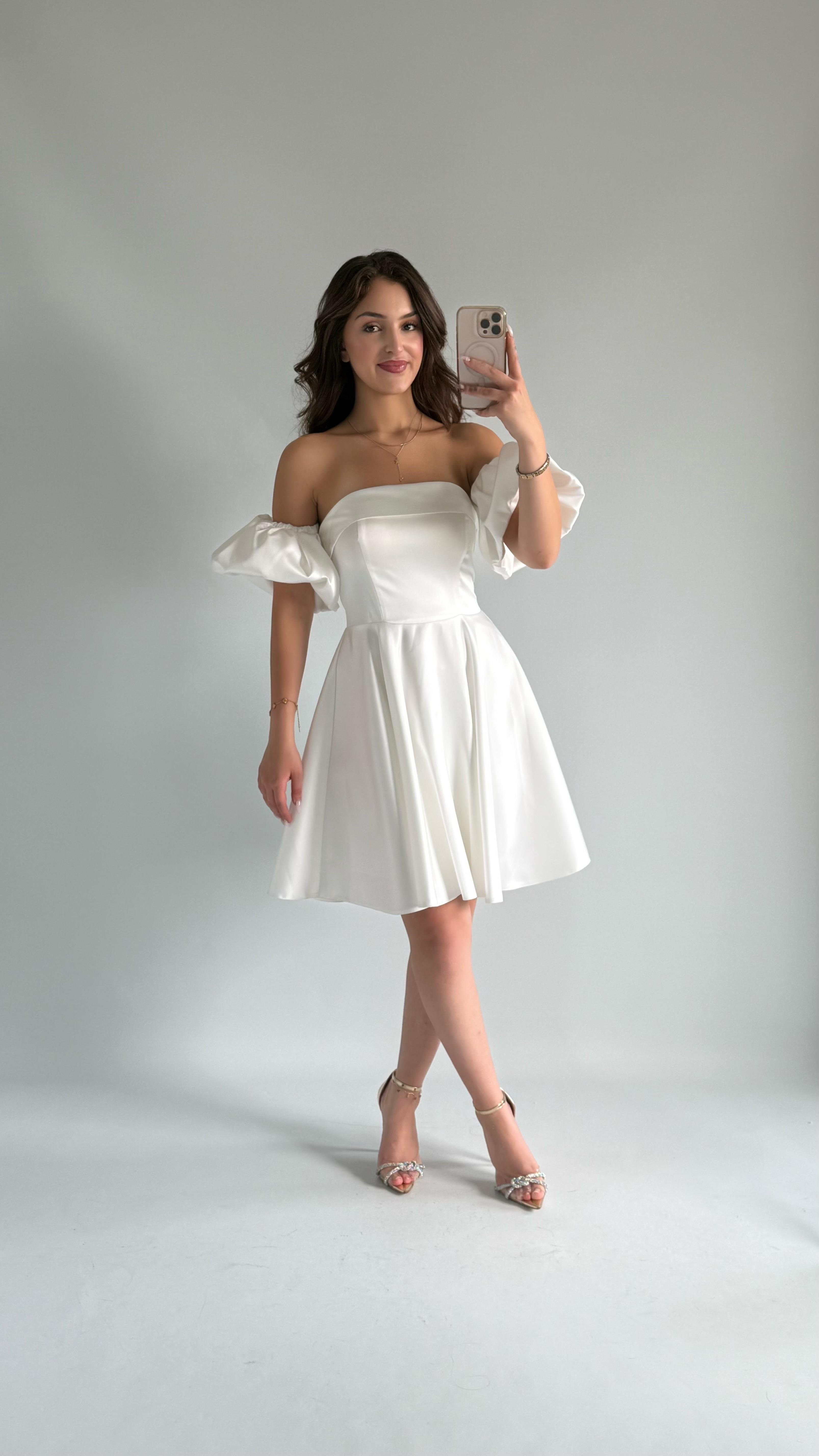 Chloe Balon Kol Mini Abiye Beyaz