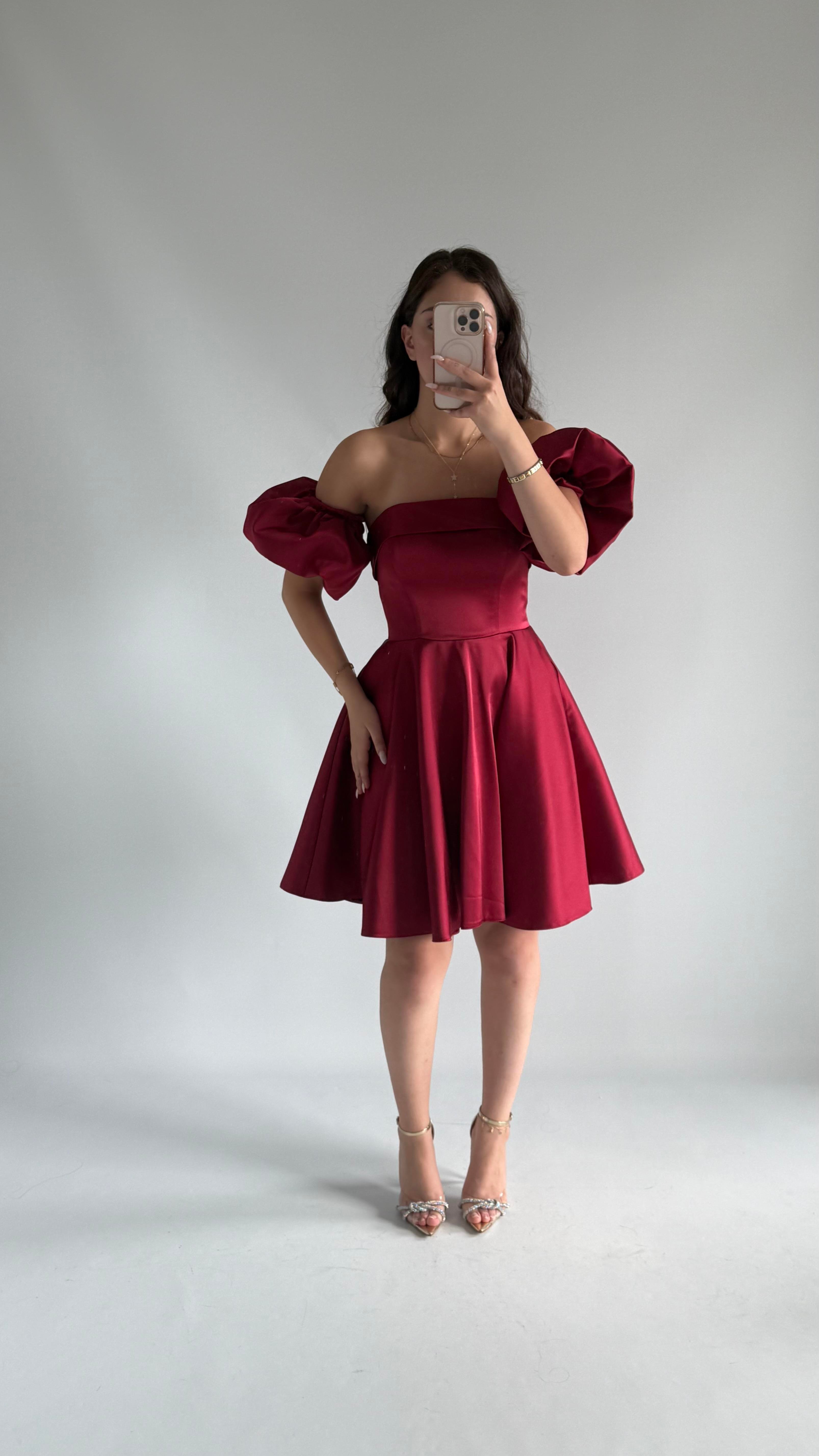 Chloe Balon Kol Mini Abiye Bordo