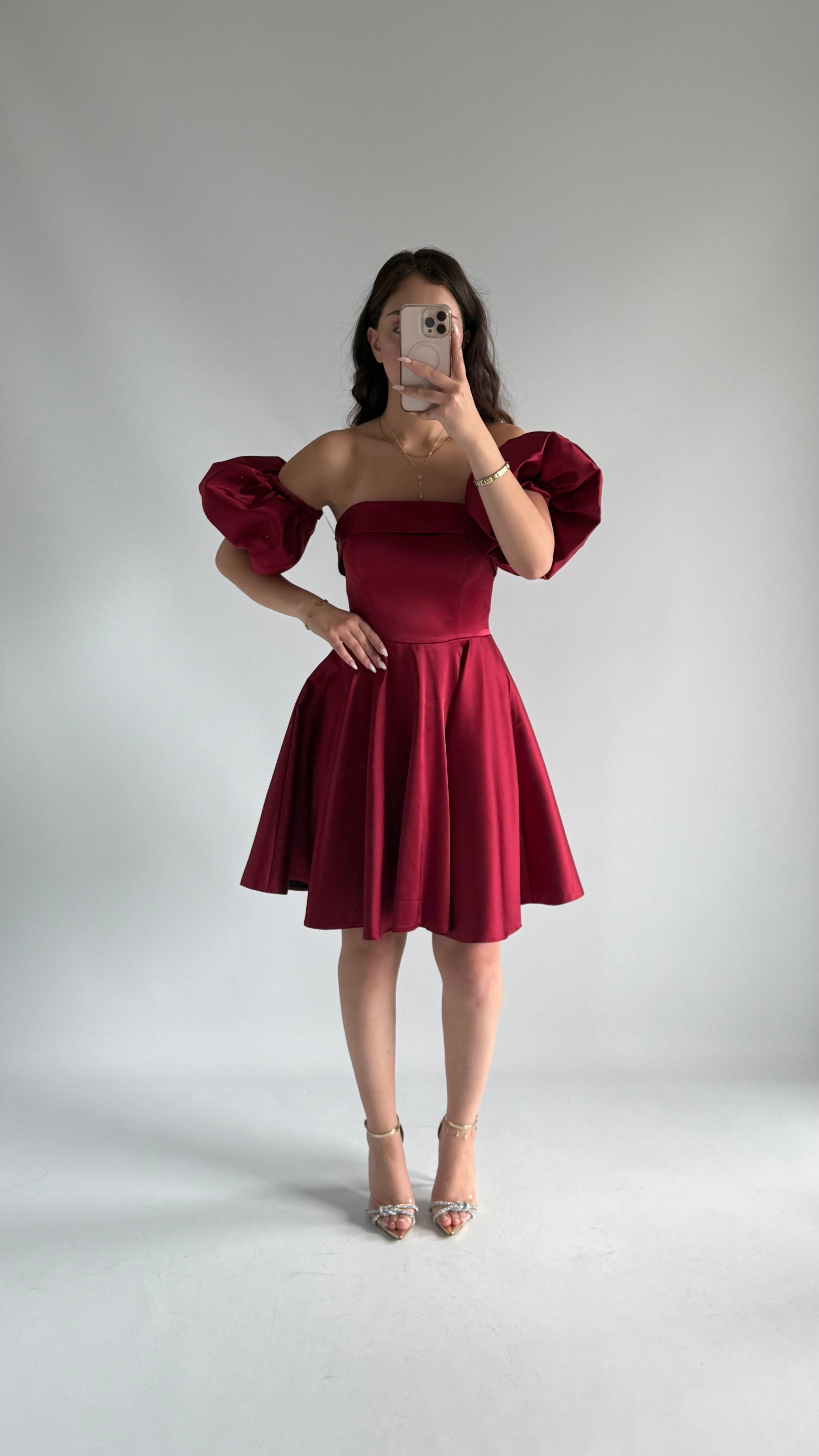 Chloe Balon Kol Mini Abiye Bordo