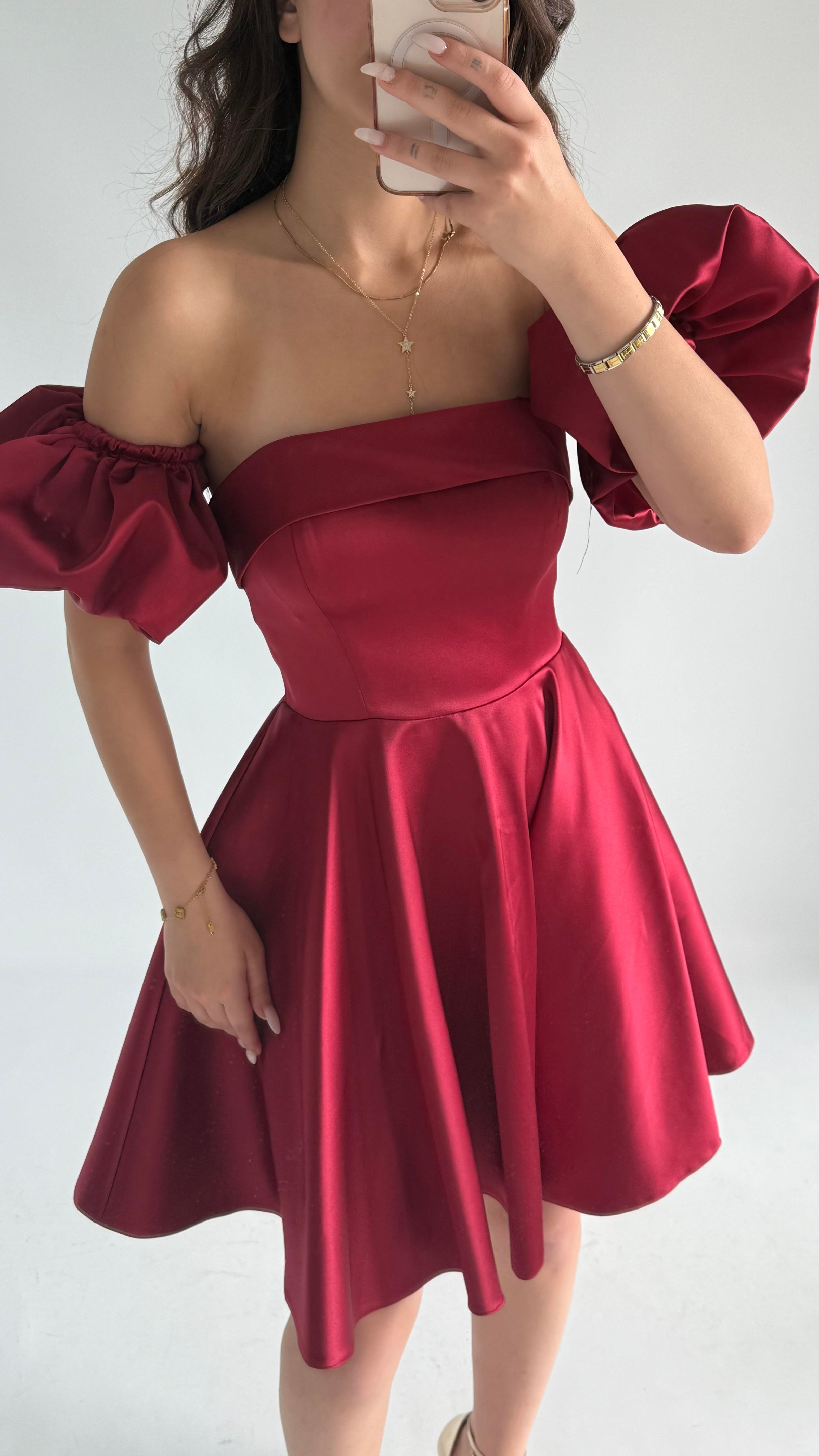 Chloe Balon Kol Mini Abiye Bordo
