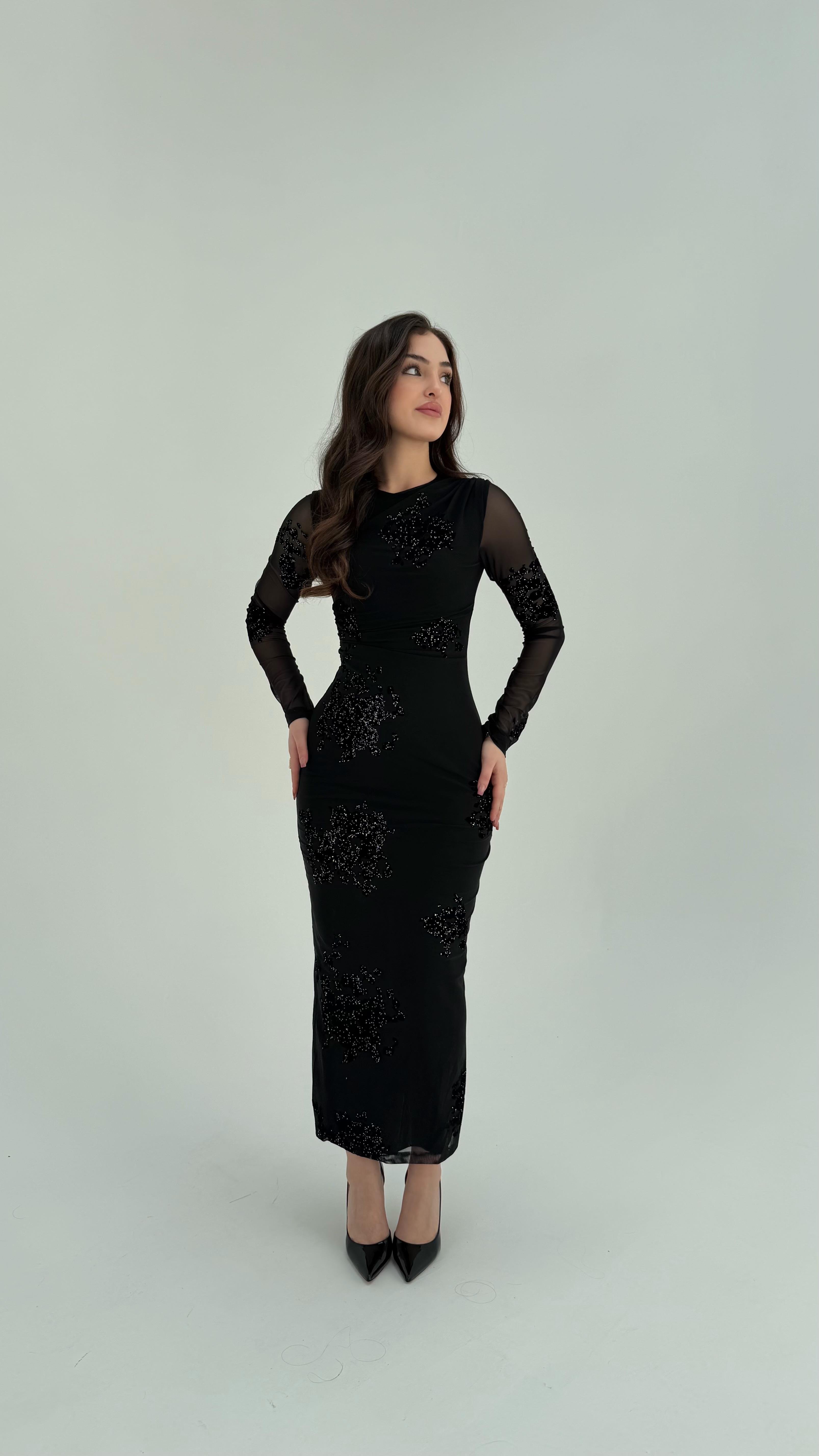 Çiçek Motif Detaylı Elbise Siyah 