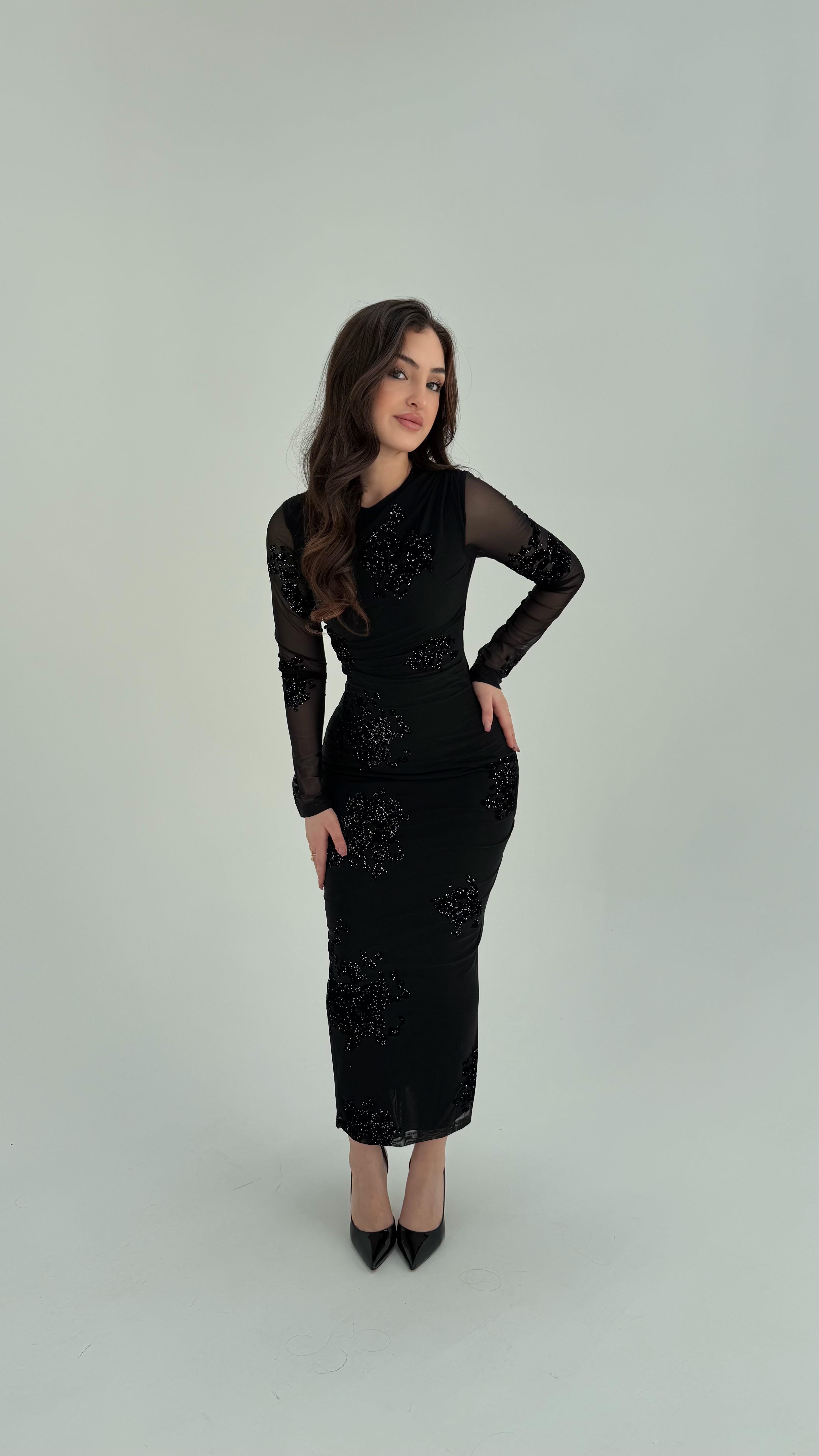 Çiçek Motif Detaylı Elbise Siyah 
