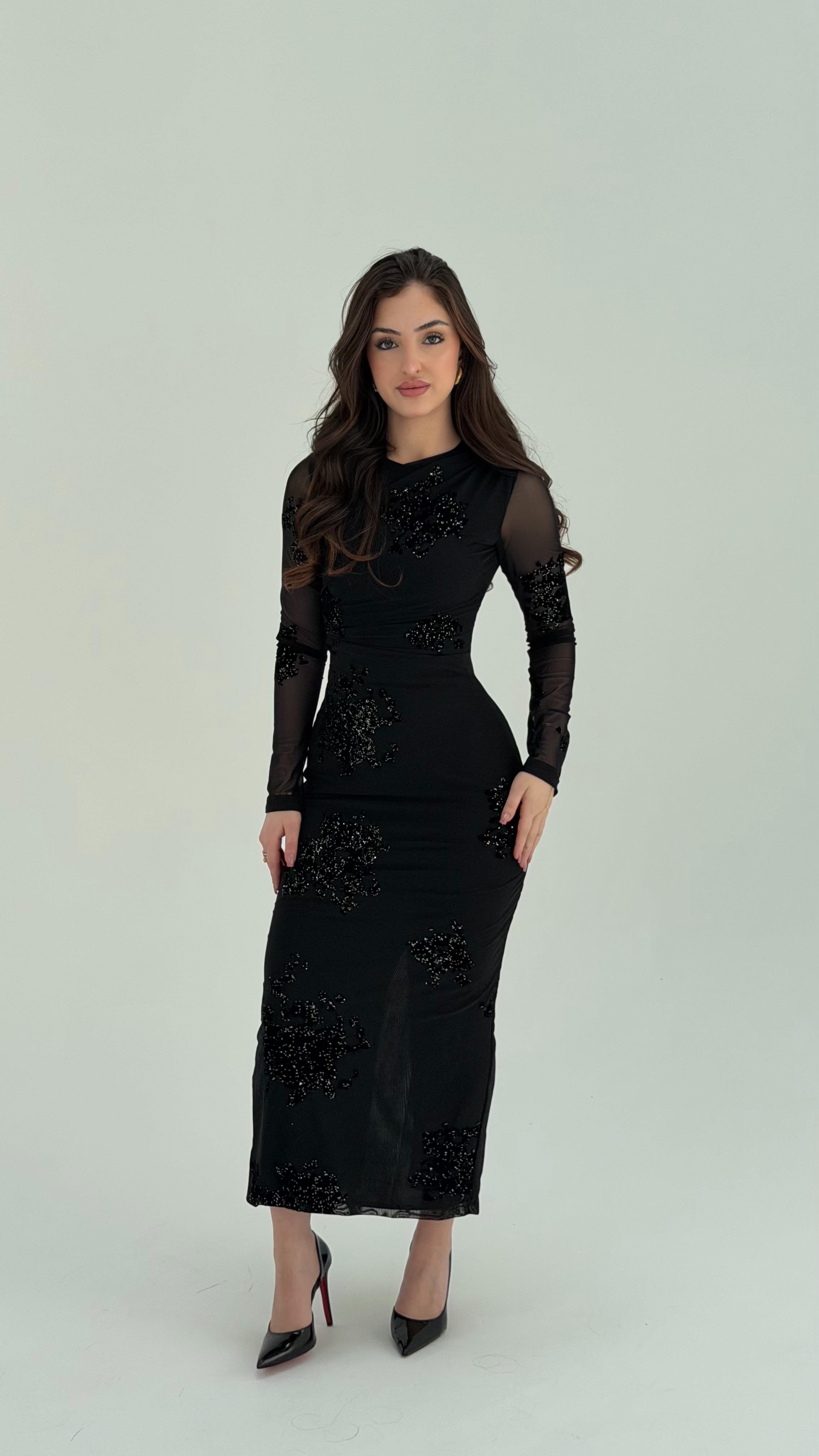 Çiçek Motif Detaylı Elbise Siyah 