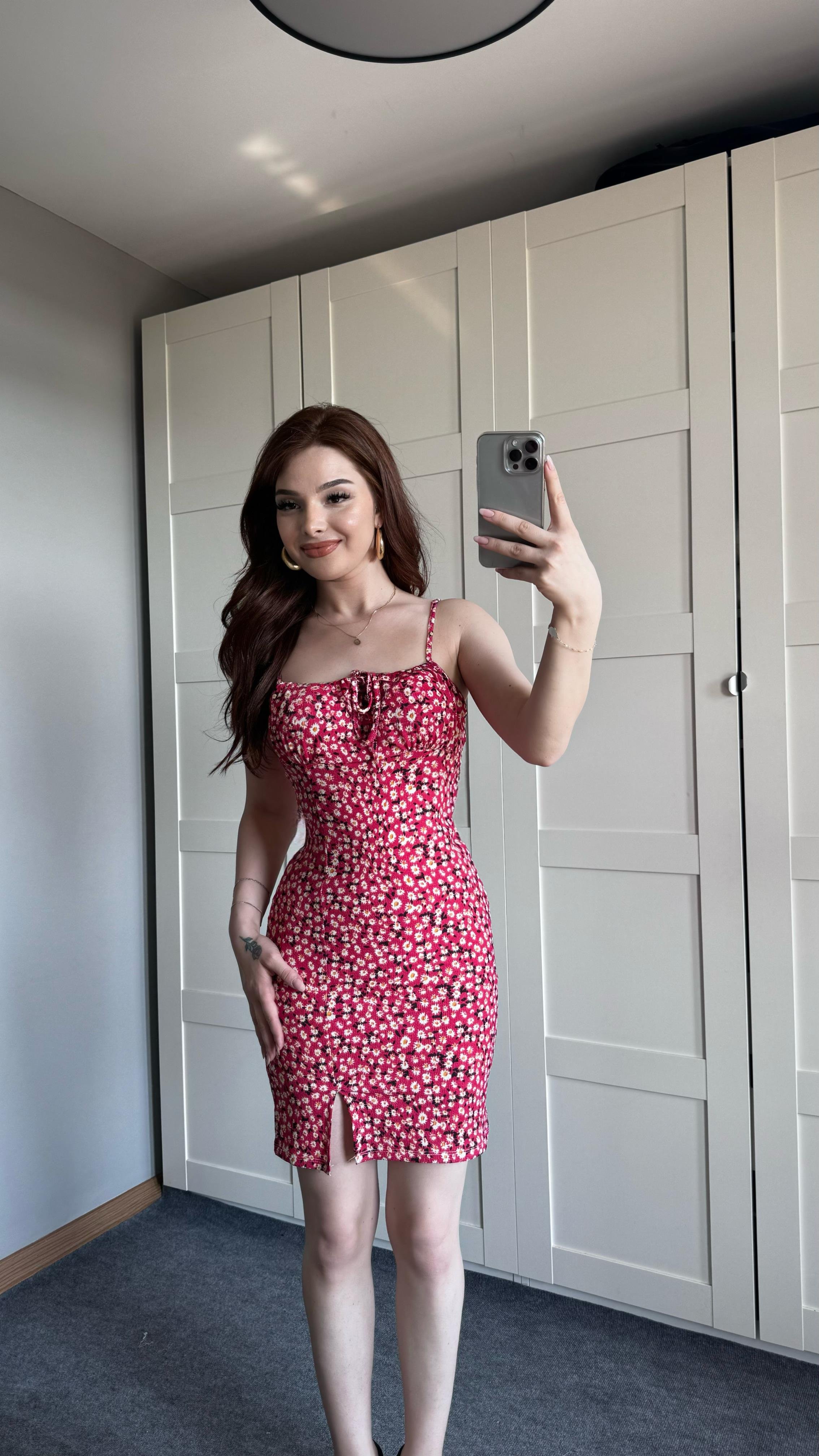 Çiçekli Askılı Mini Pembe Elbise
