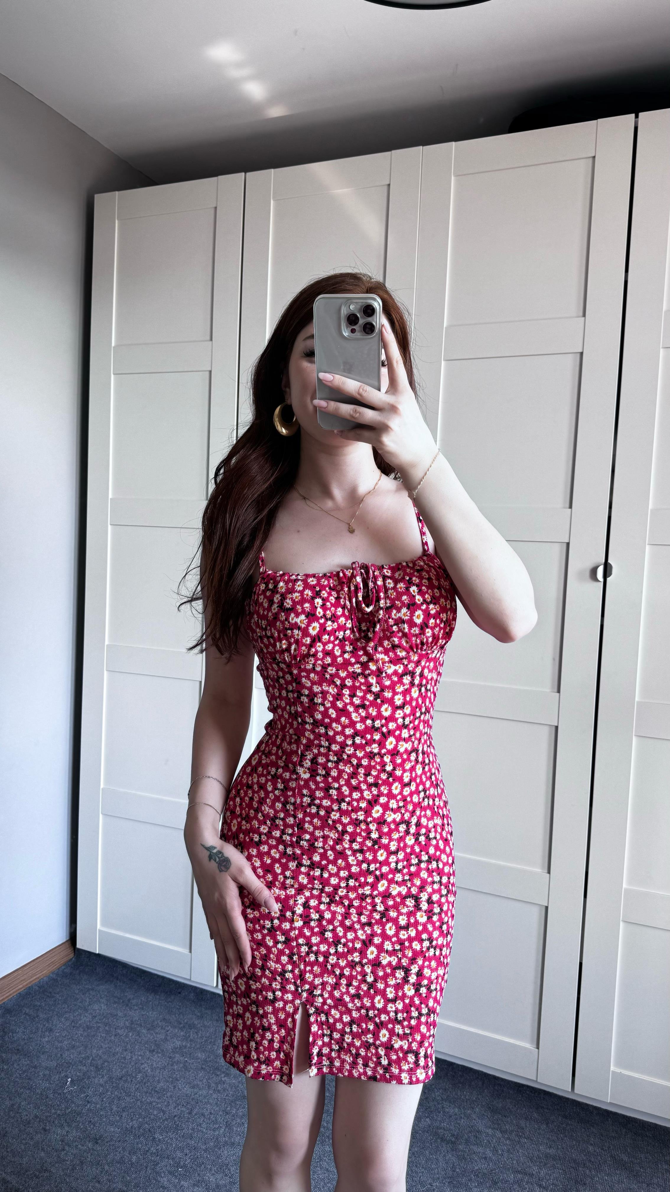 Çiçekli Askılı Mini Pembe Elbise