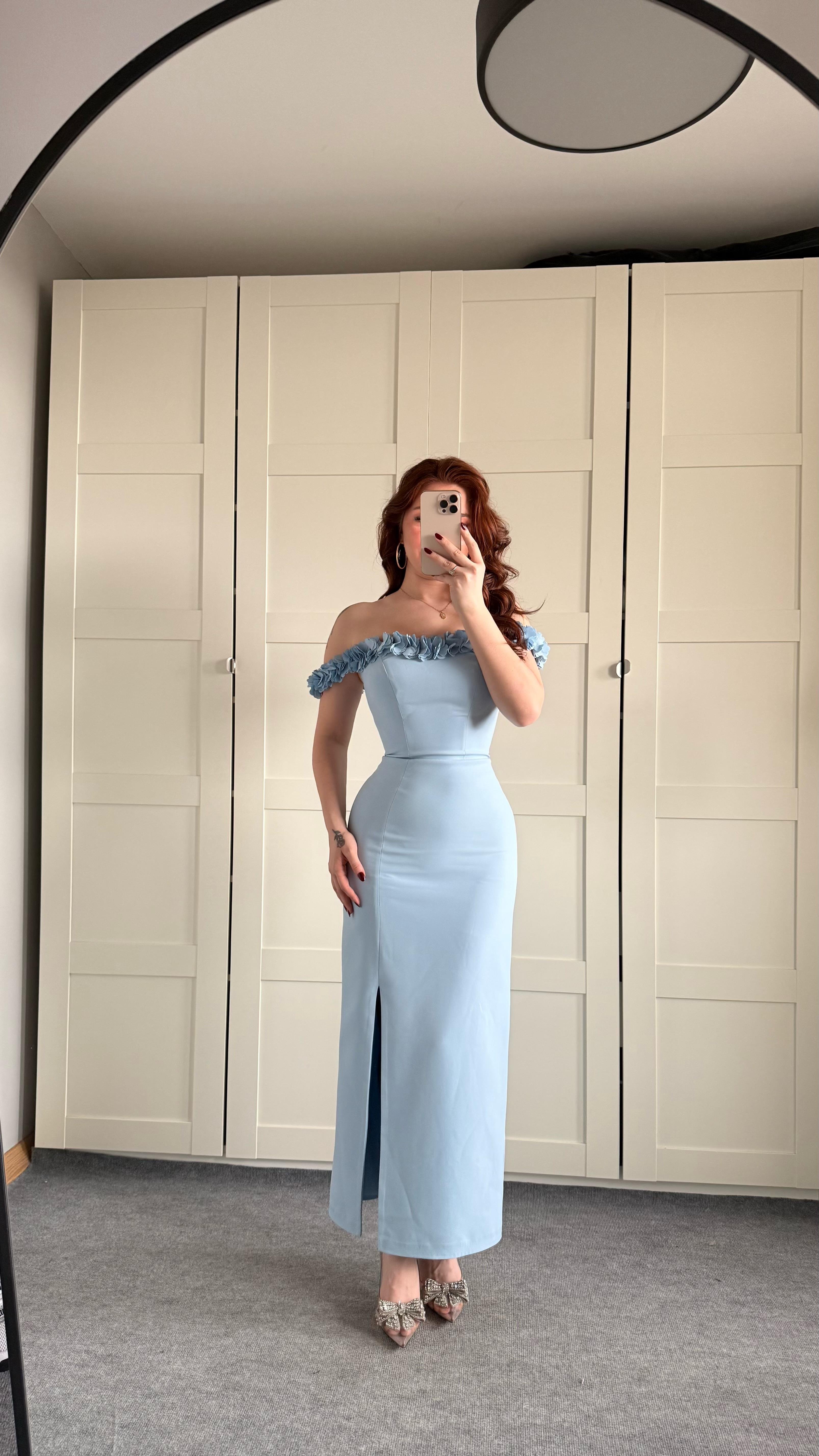 Çiçekli Yaka Midi Boy Abiye Bebe Mavisi