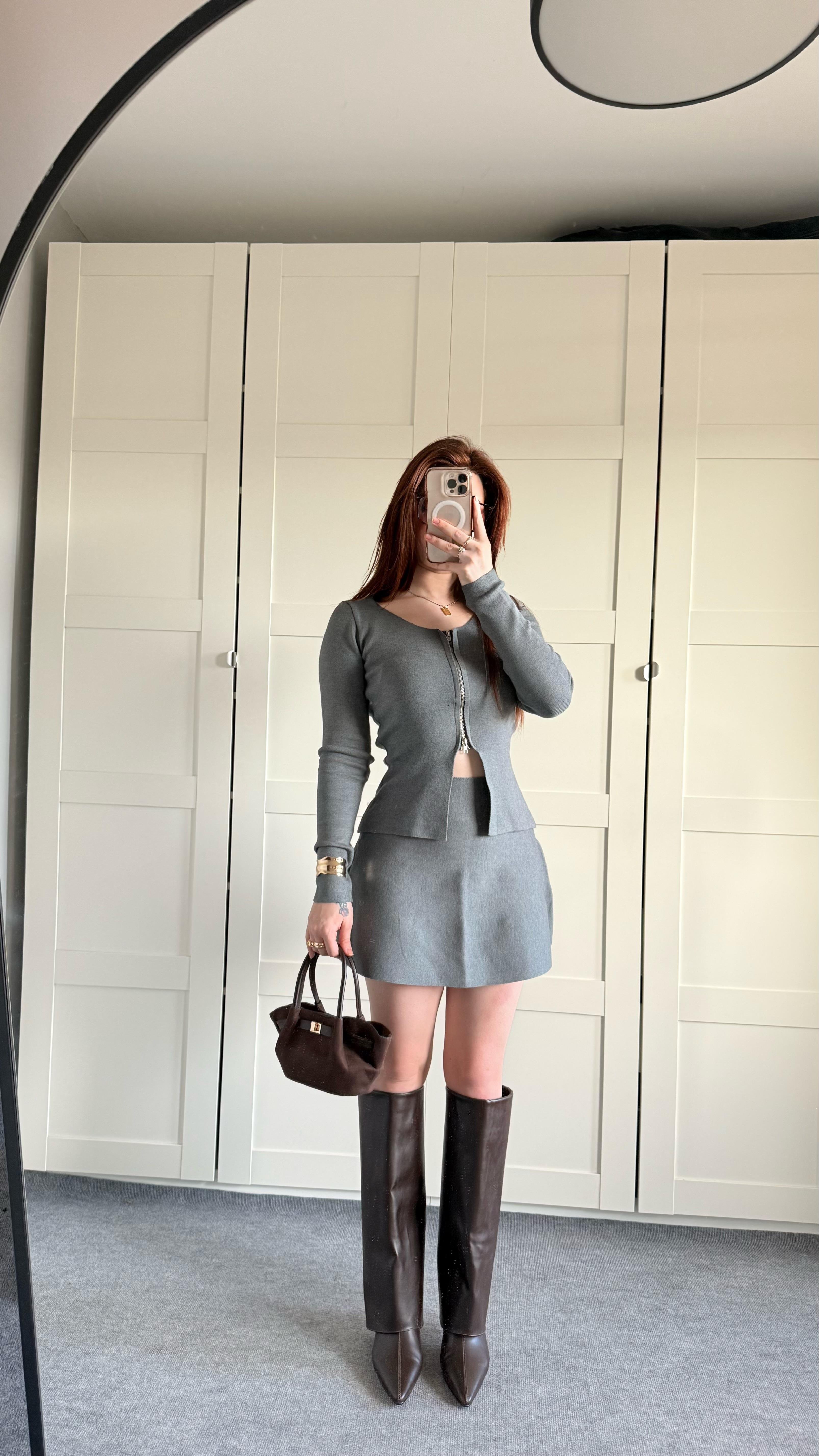 Çift Fermuar Ceket Triko Etek Takım Gri