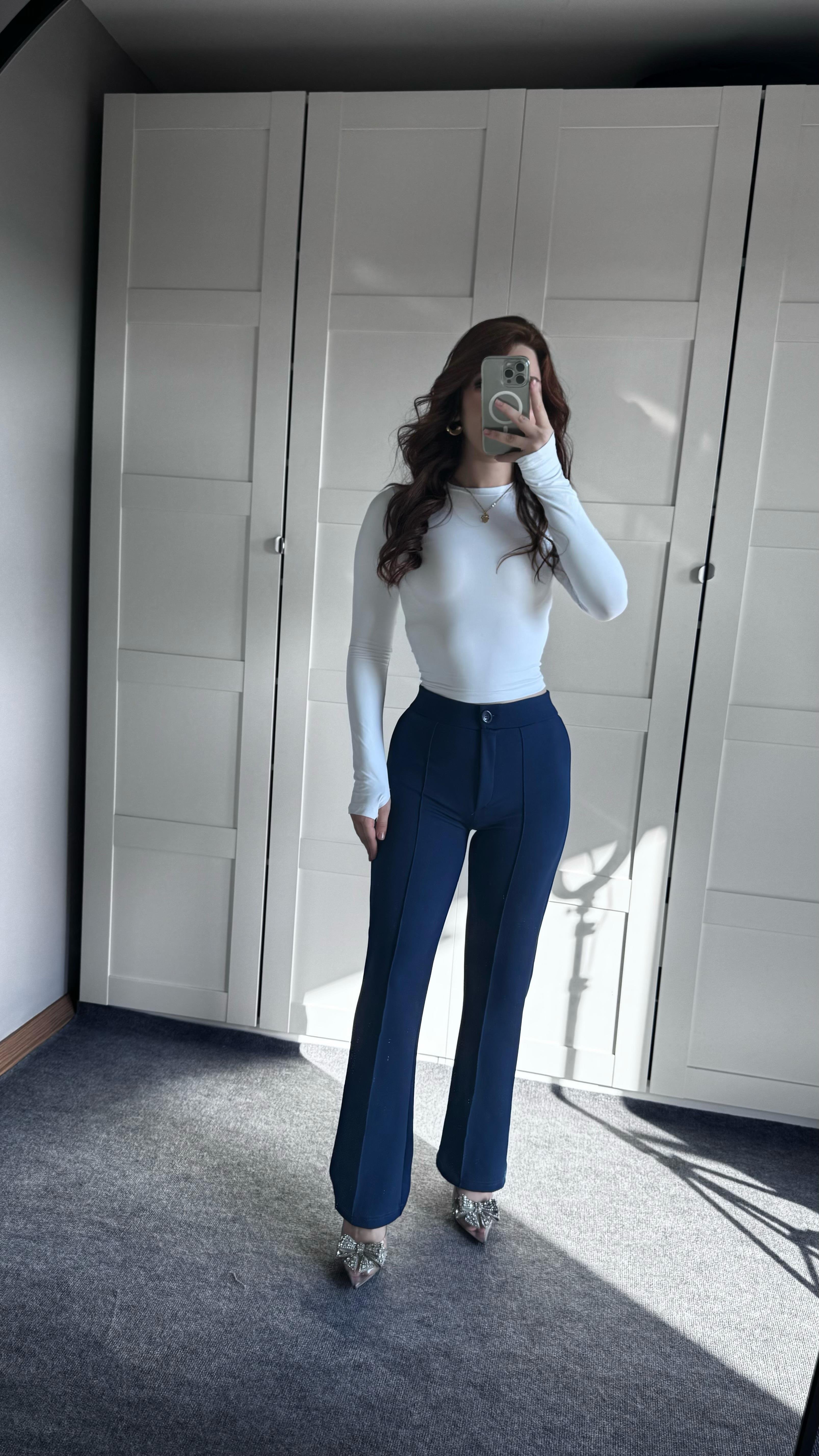 Çımalı Likralı Plazzo Pantolon Lacivert 